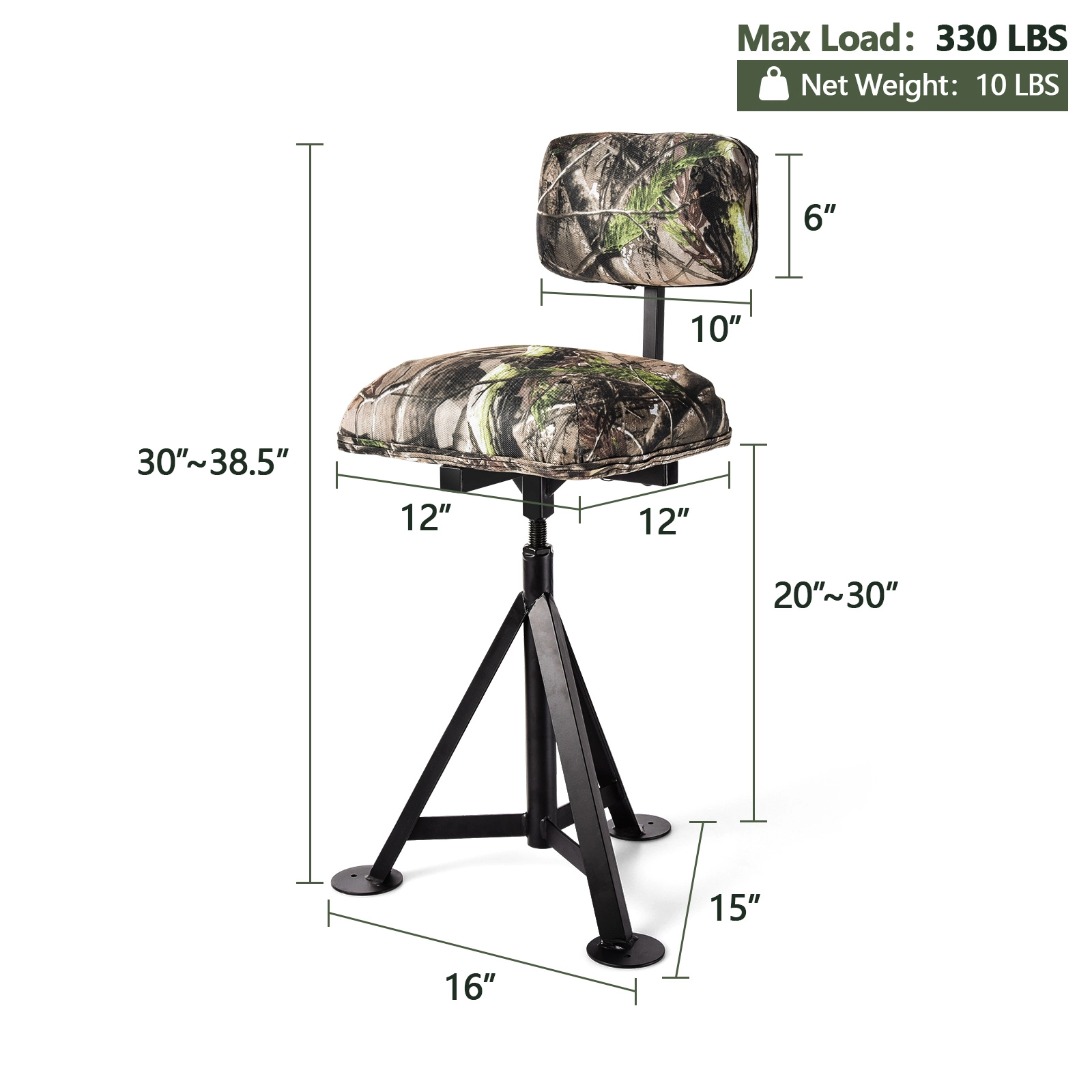 LJG Swivel Hunting Chair Tripod Blind Stool with Detachable Backrest