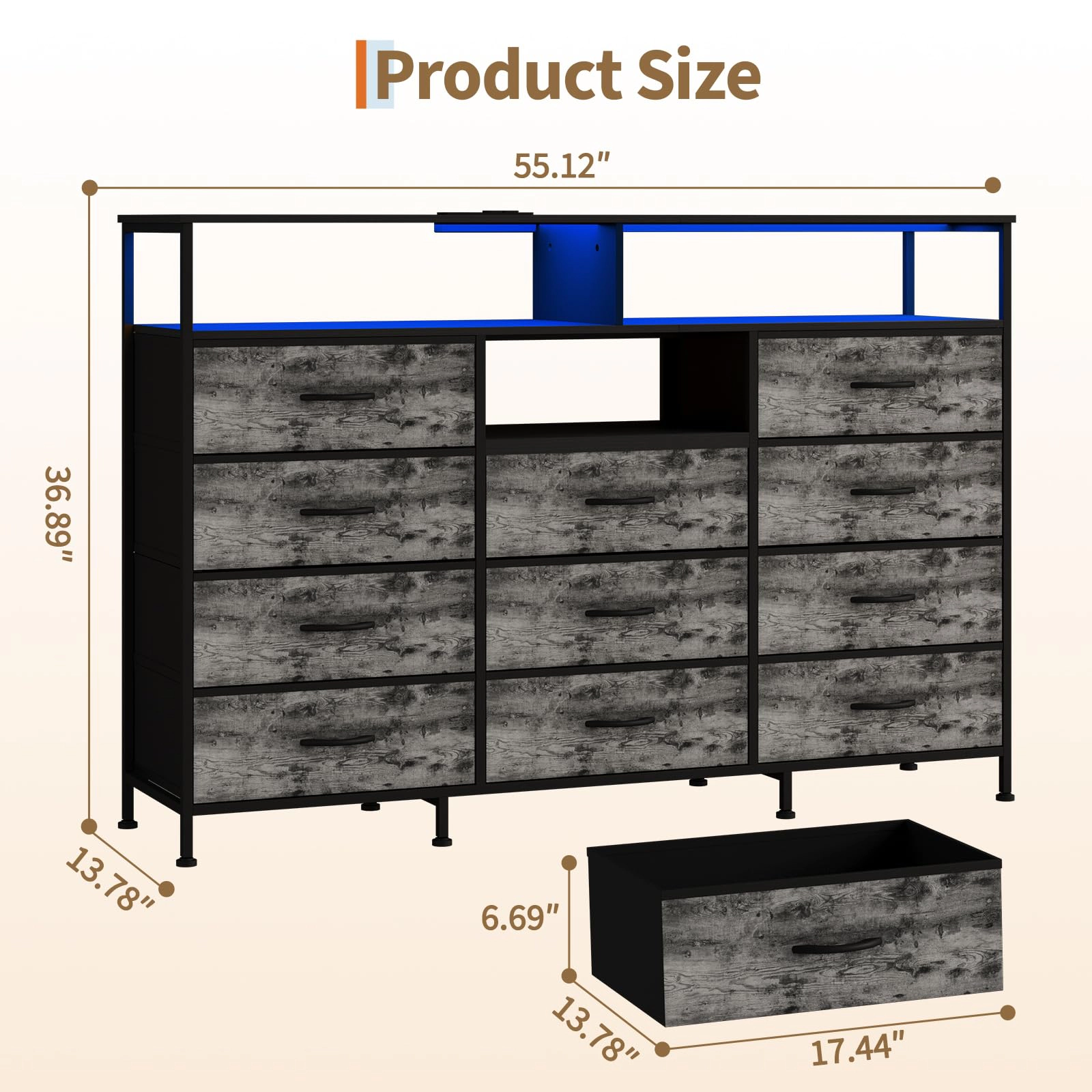 55.1" 11 Drawer Fabric Dresser with LED Lights, Power Outlet & Open Shelves