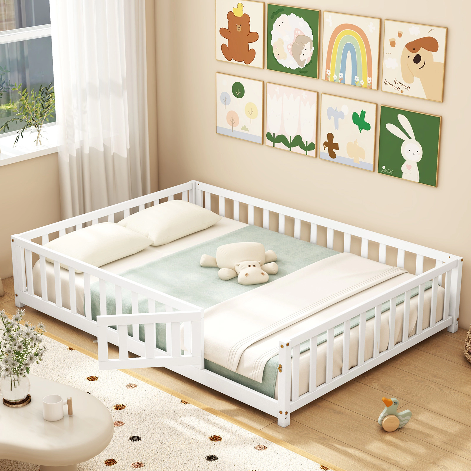 SUGIFT Low Floor Montessori Bed Frame Full-length Guardrails Safety Door 330-lb Capacity 78-in Wide Toddler Bed White