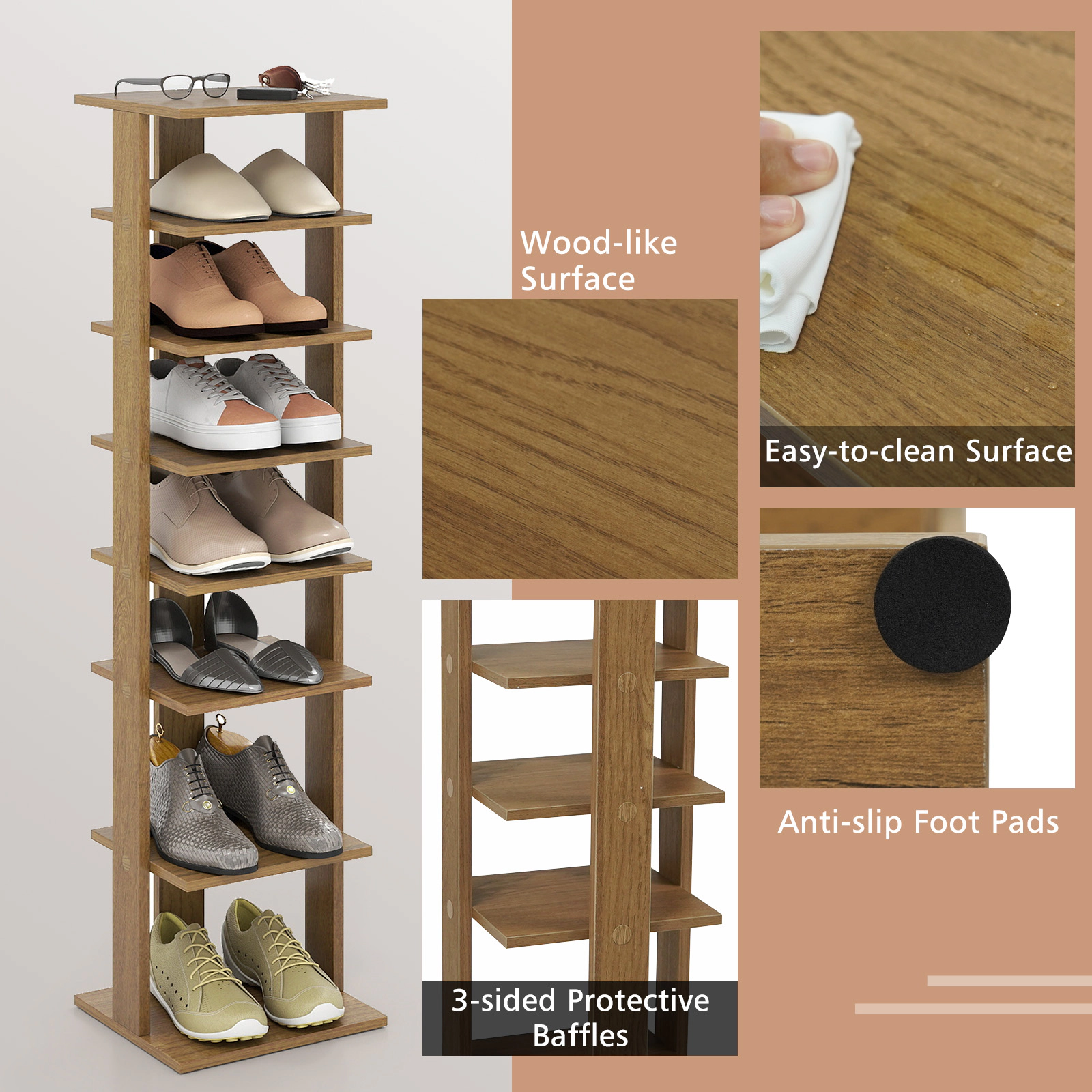 SUGIFT 7-Tier Natural 11-in Wide Space-Saving Skinny Wood Shoe Rack Tower for Front Door and Apartment