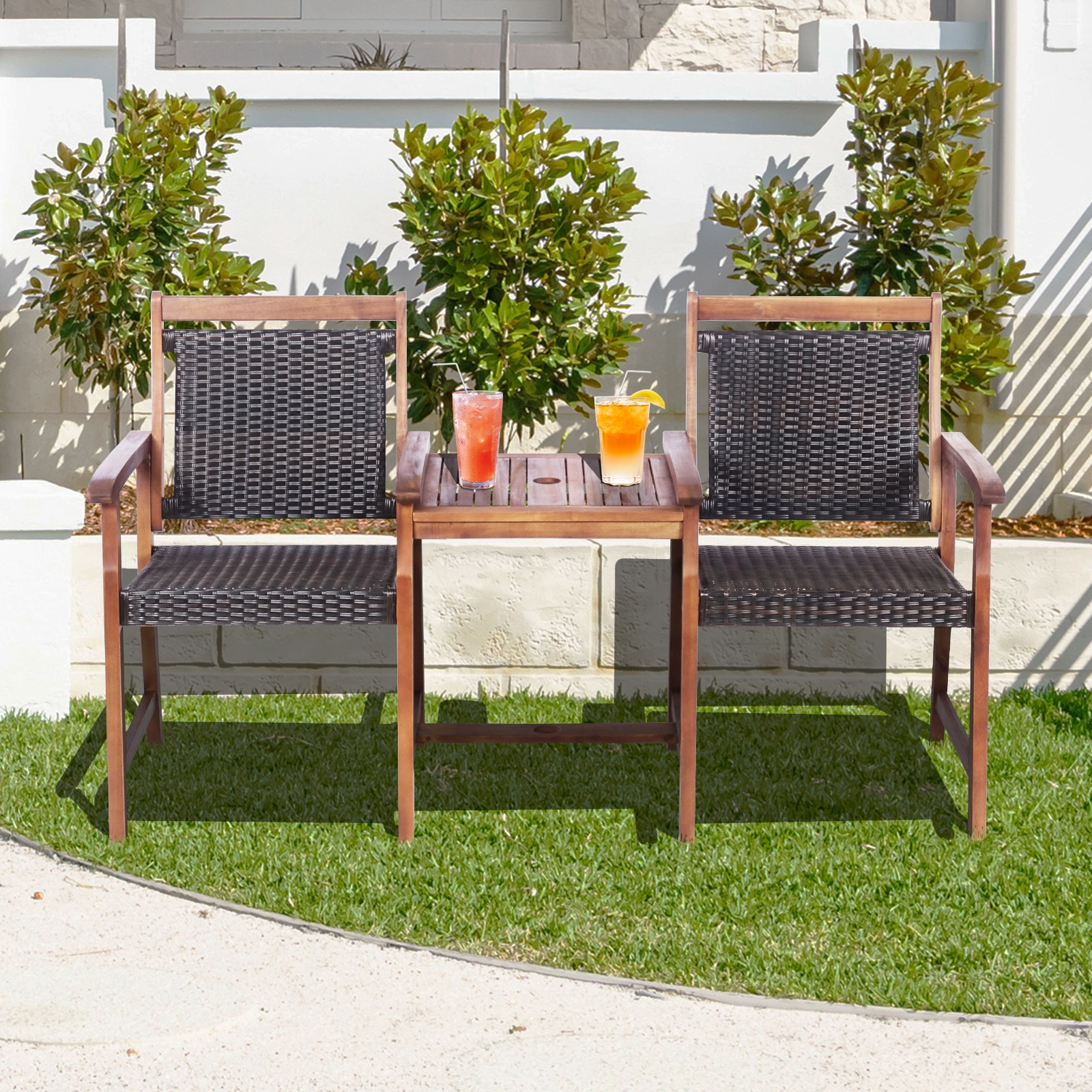 SUGIFT Reddish Brown 2-Seat Patio Bench with Center Table and Umbrella Hole