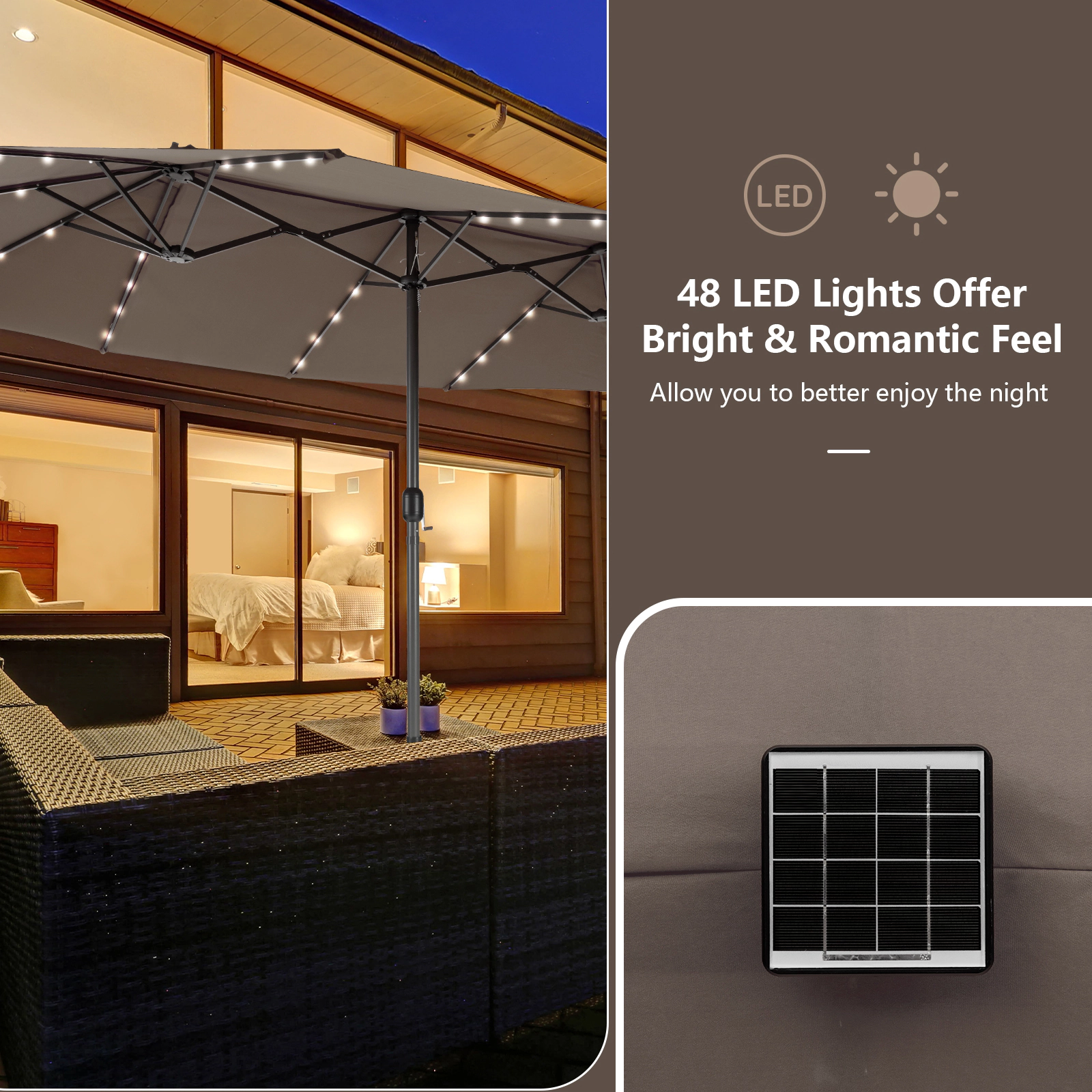 SUGIFT 15-ft Brown Rectangular Double-Sided Patio Umbrella with Solar LED Lights and Cross Base