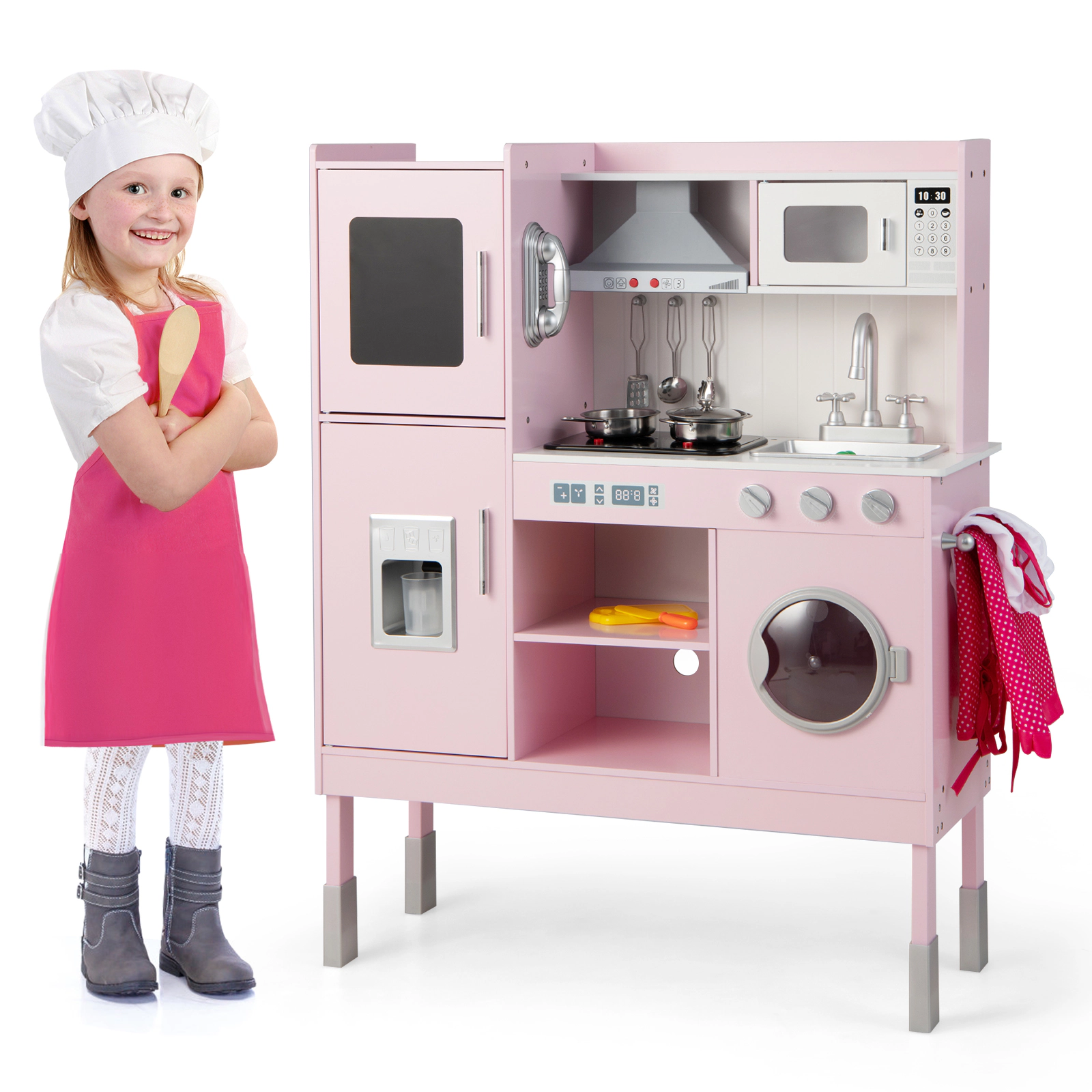 SUGIFT 3-Position Adjustable Pretend Play Kitchen for Kids with 16 Accessories 40.5-in Tall Frame Ages 3+ Pink