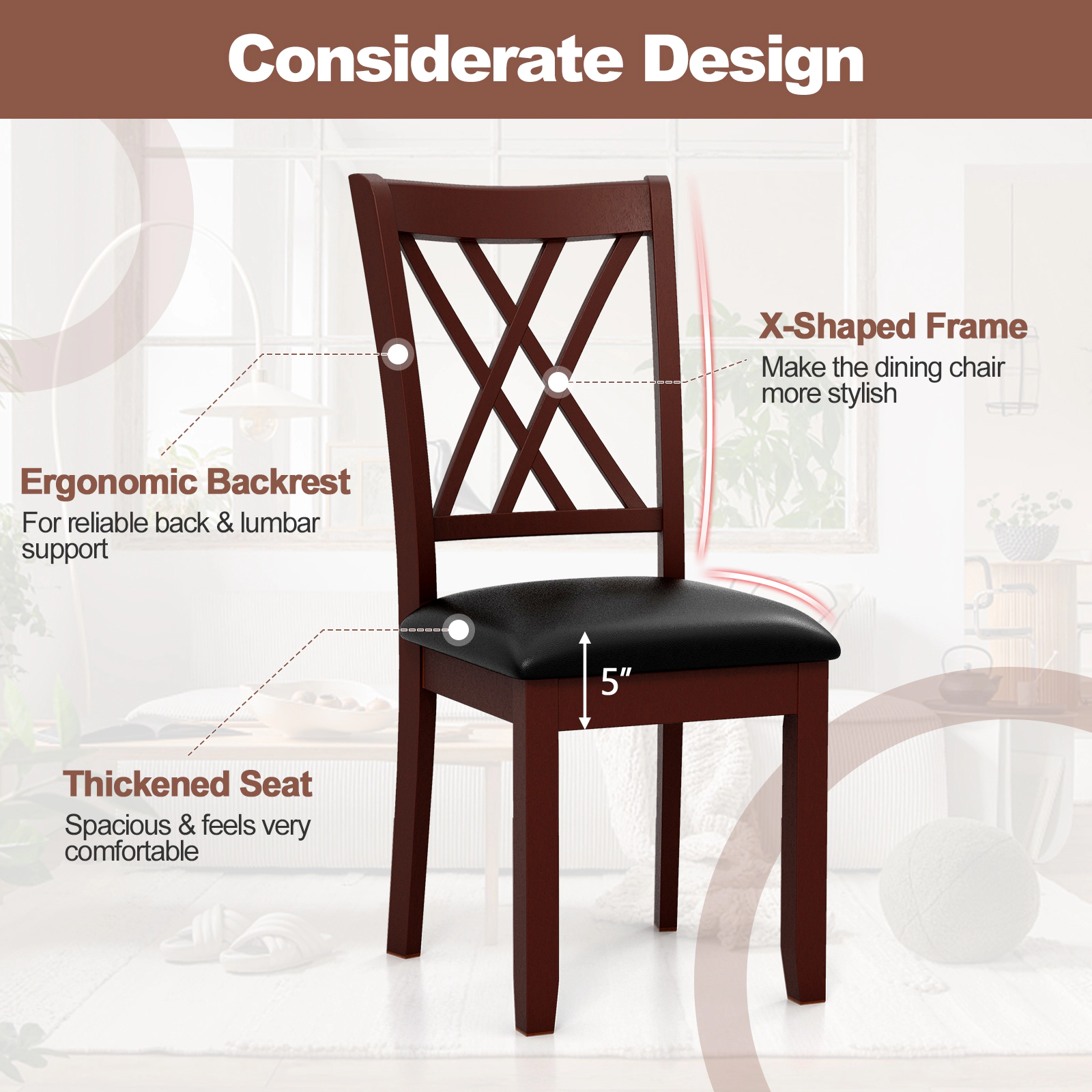 SUGIFT Set of 2 Dining Chairs with X-Backrest and Padded PVC Leather Seat 355-Lb Capacity Brown & Black 39-in Tall