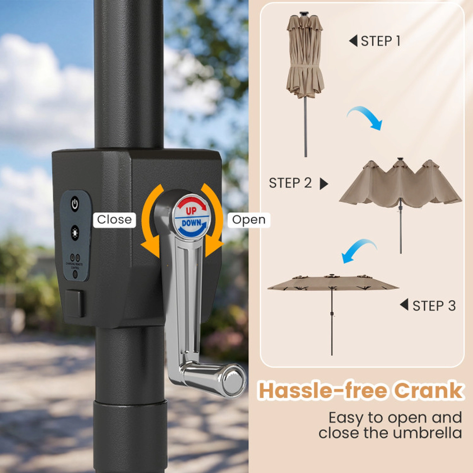 SUGIFT Double-Sided Patio Umbrella with 13 x 7ft Canopy & Color-Changing Solar LED Lights 108-Light 12-Mode Design Brown