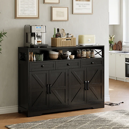 BebreezChic 51" Farmhouse Buffet Cabinet, Charging Station, 3 Drawers, 4 Barn Doors