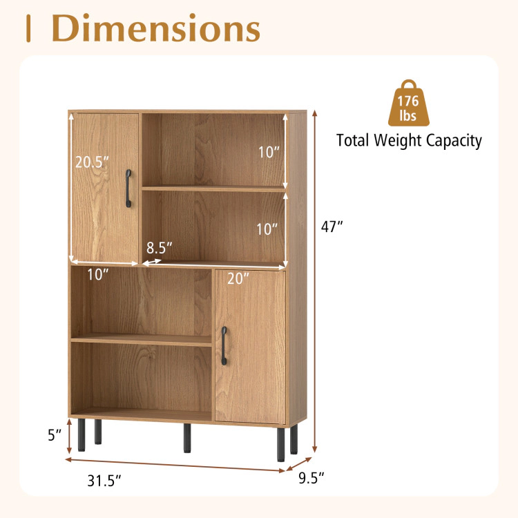 Hivvago 47 Inch Storage Cabinet Freestanding Bookcase with 2 Doors and 4 Open Shelves