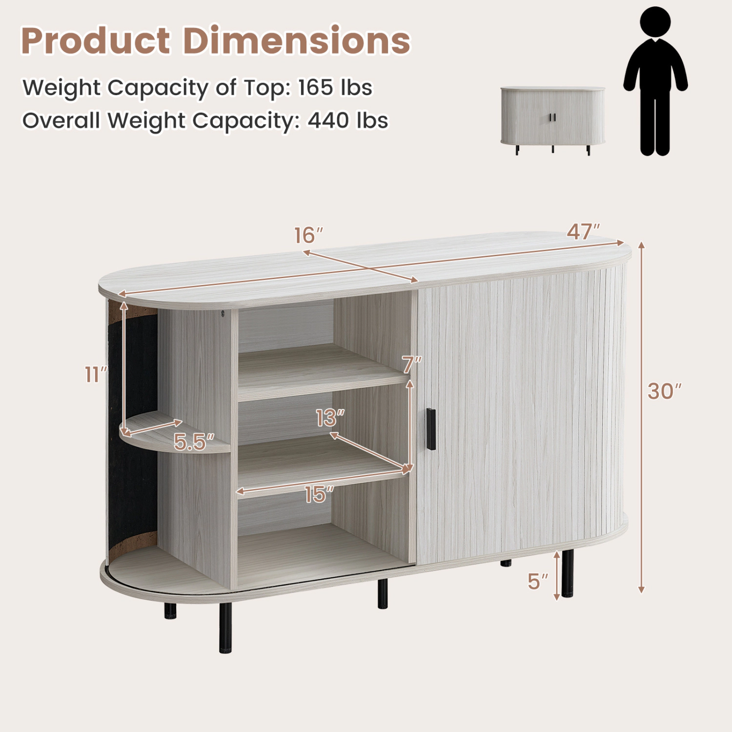 LJG 47 Inch Fluted Sideboard Buffet Cabinet with Tambour Sliding Doors and Metal Legs