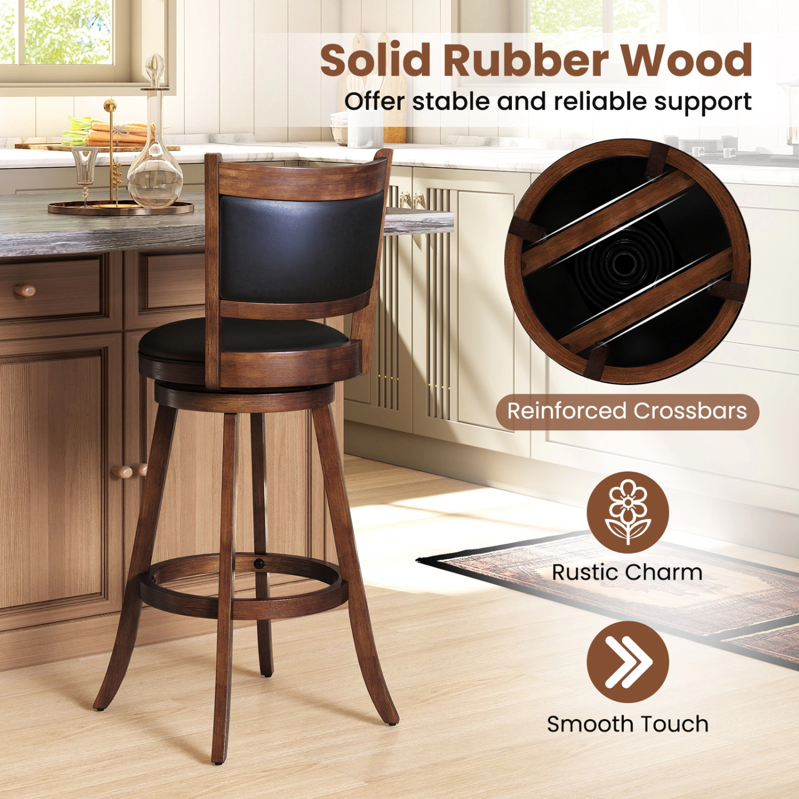 SUGIFT Set of 2 29-Inch Swivel Bar Stools, Rubber Wood Frame, Cushioned PVC Seat, Panel Back