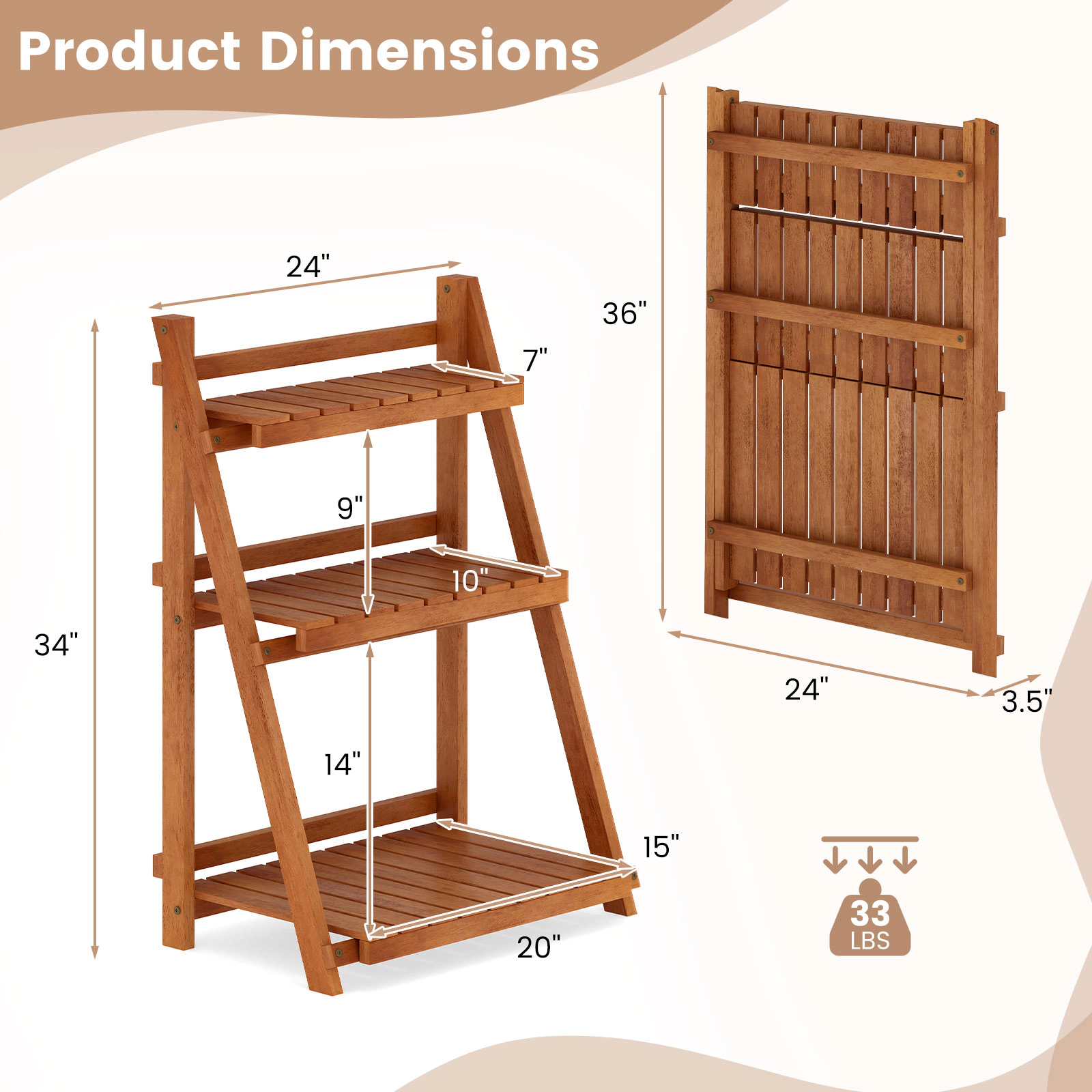 Slickblue Wooden 3 Tier Plant Shelf Foldable Ladder Rack for Indoor Balcony Garden Plants