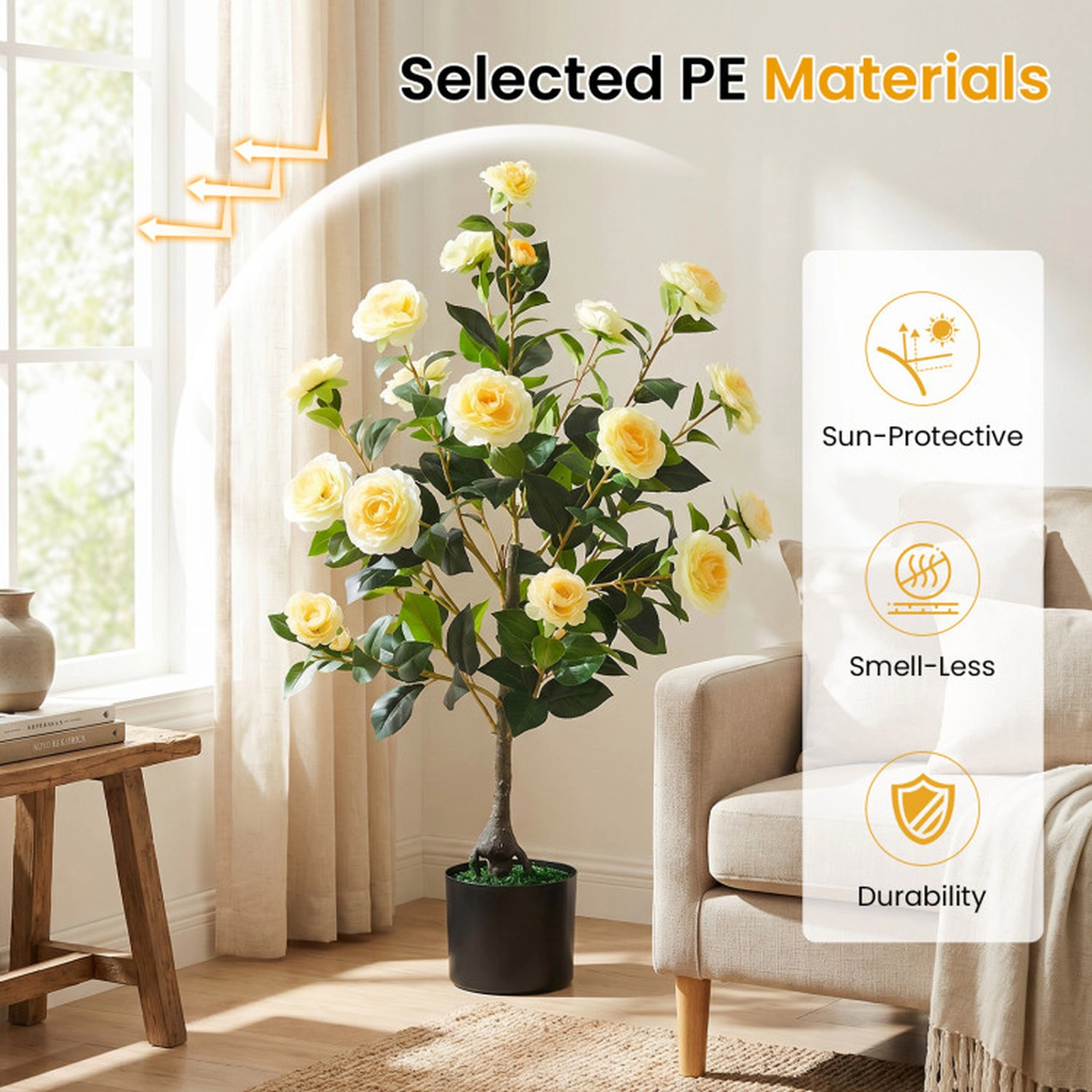 SUGIFT Artificial Camellia Tree Faux Flower Plant in Cement-Filled Pot 35.5-in Tall Yellow