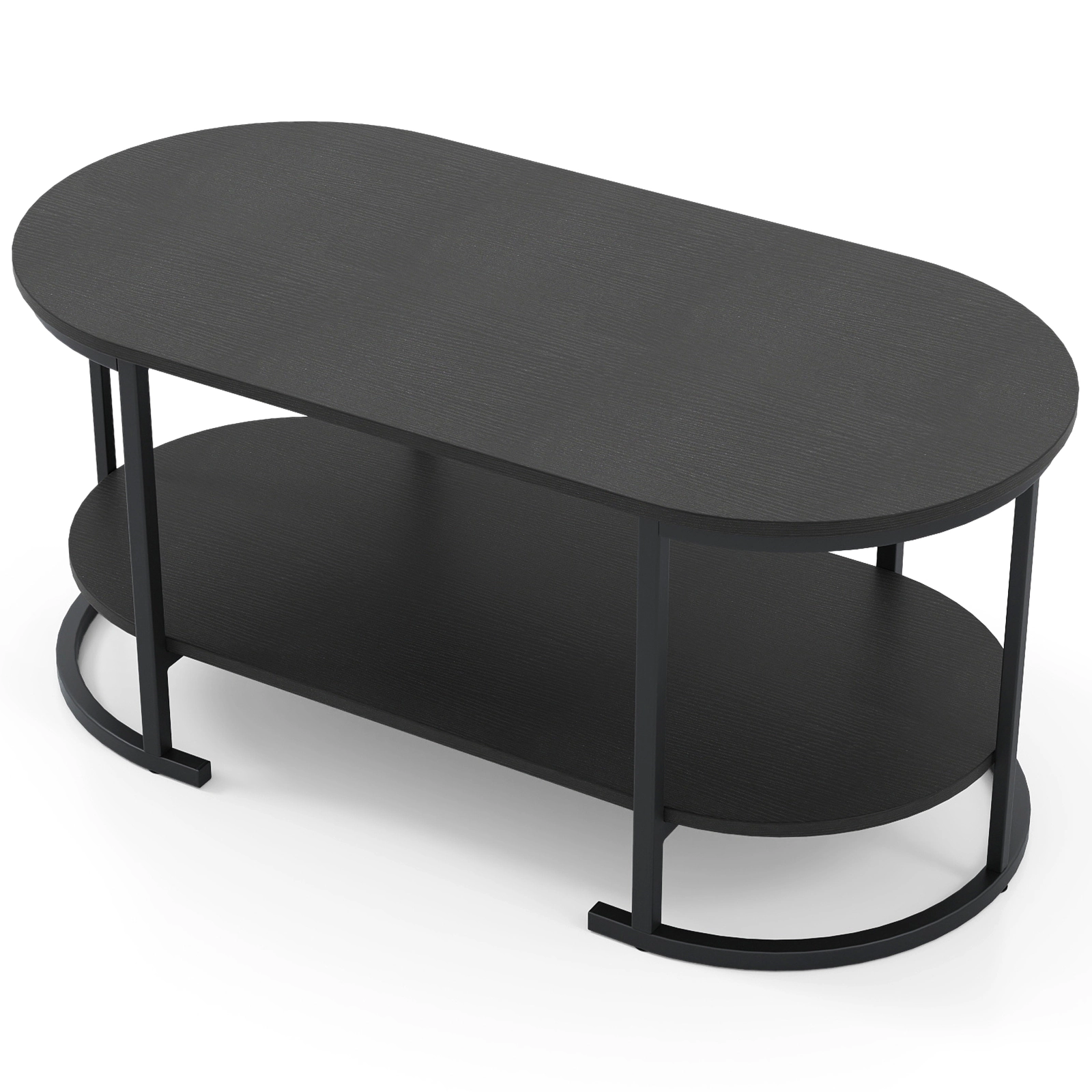SUGIFT 2-Tier Oval Open Storage Curved Metal Frame Coffee Table 39.5-in x 19.5-in x 18-in 88-lb per Shelf Black
