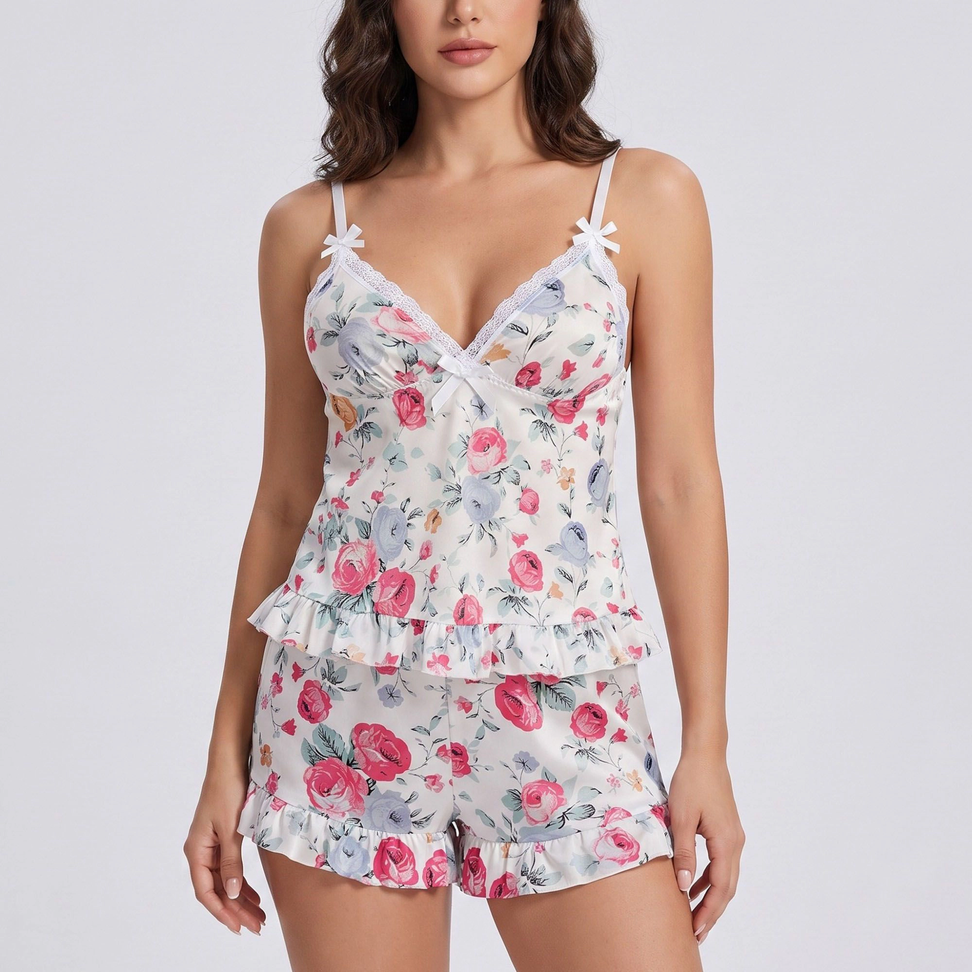 Anna-Kaci Women's Floral Satin Ruffle Cami and Shorts Lingerie Set