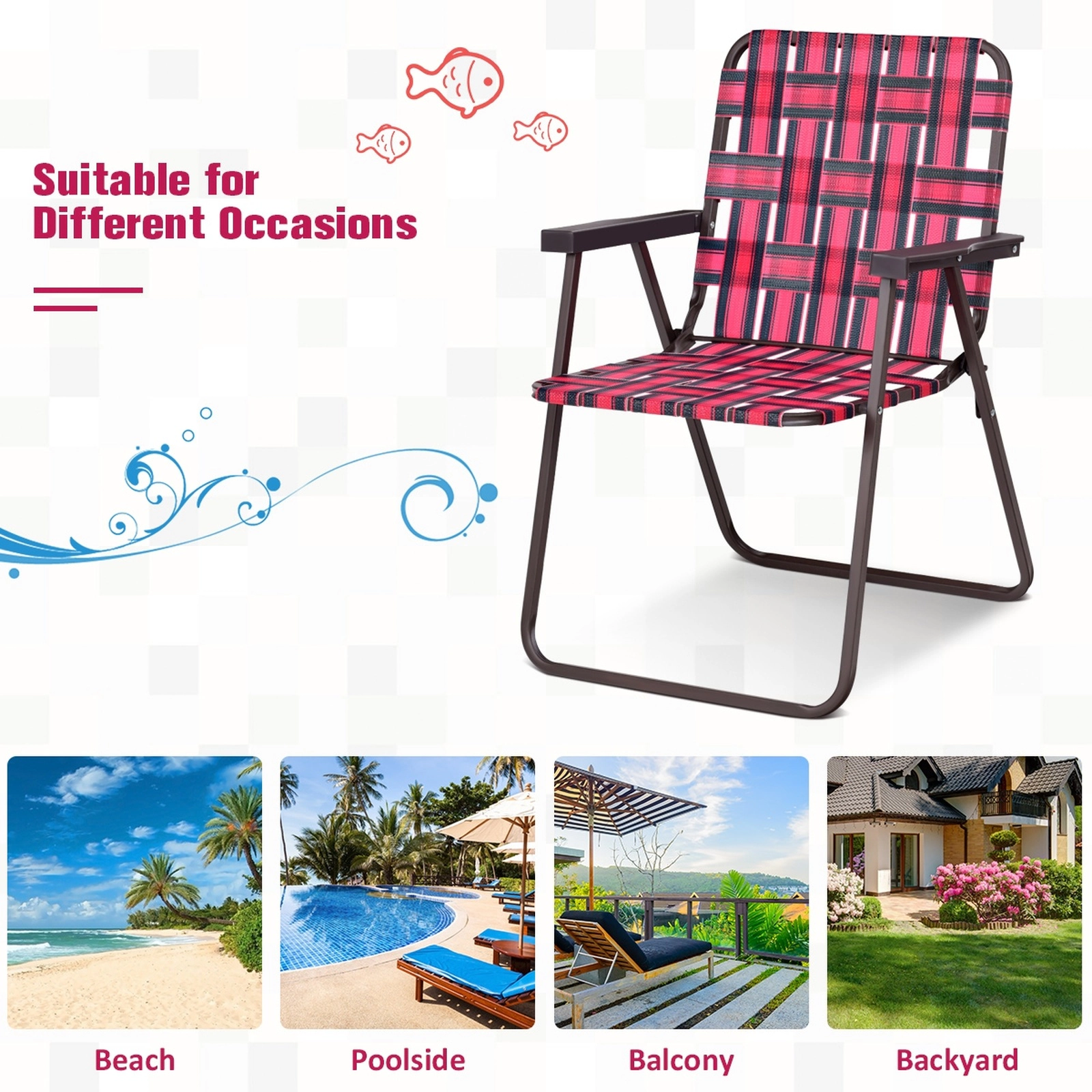 SUGIFT Folding Beach and Camping Lawn Webbing Chair Set 265-lb Capacity Red