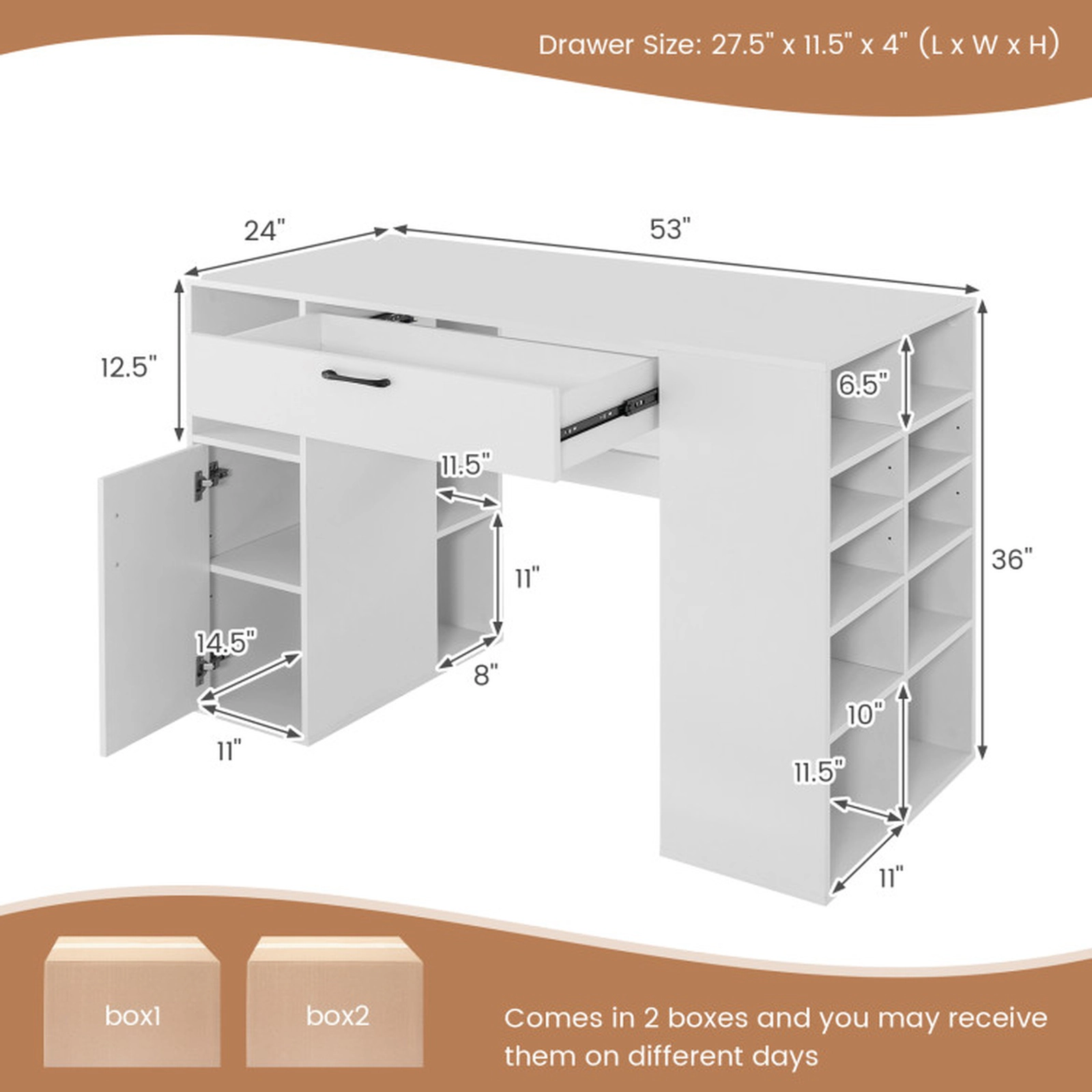 SUGIFT 53-in Counter Height 265-lb Capacity White Craft Table Computer Desk with 14 Compartments and Drawer
