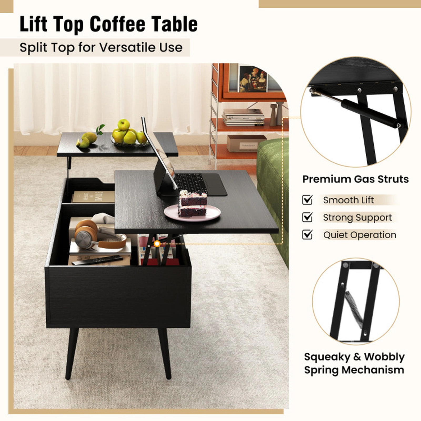 SUGIFT Split Lift Top 2 Hidden Compartments Pneumatic Coffee Table 47-in x 19-in x 16.5-in 132-lb Capacity Black