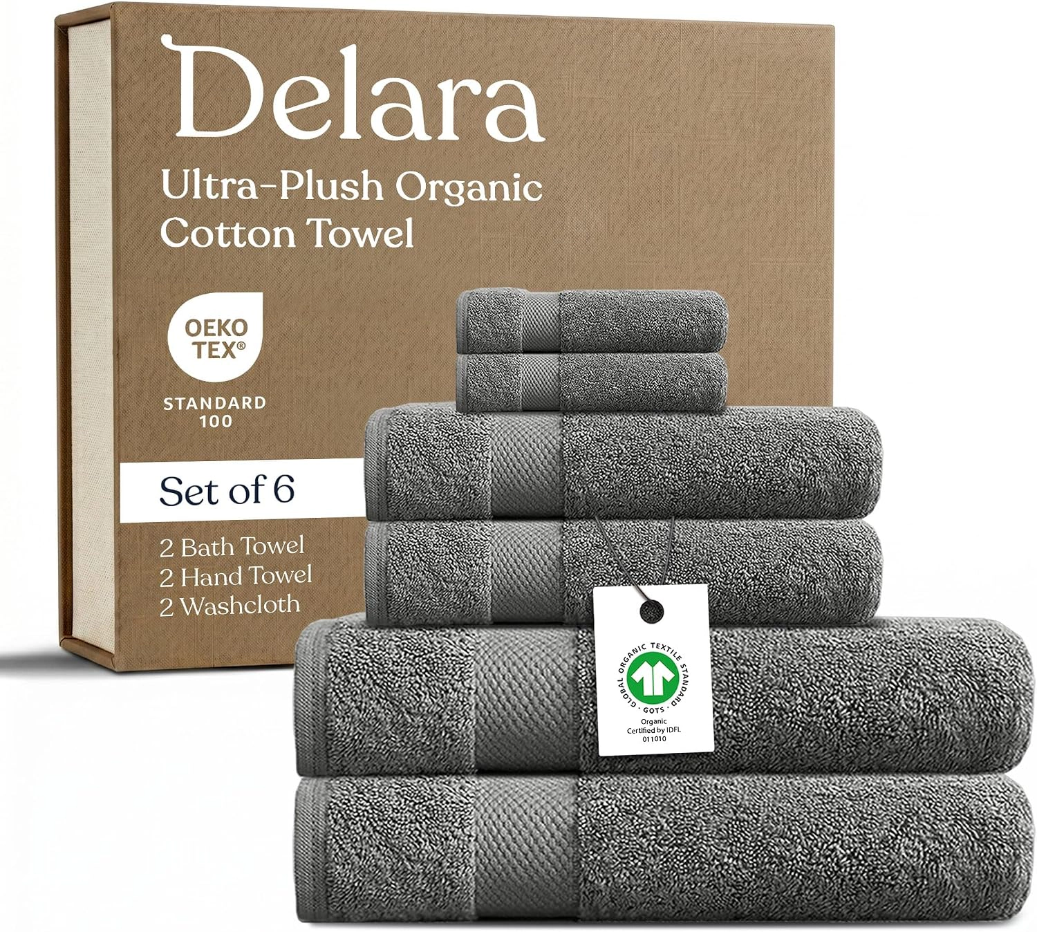 Delara Organic Cotton Luxuriously Plush Towels GOTS and Oeko-TEX Certified Feather Touch Technology Towel Set 6 Piece
