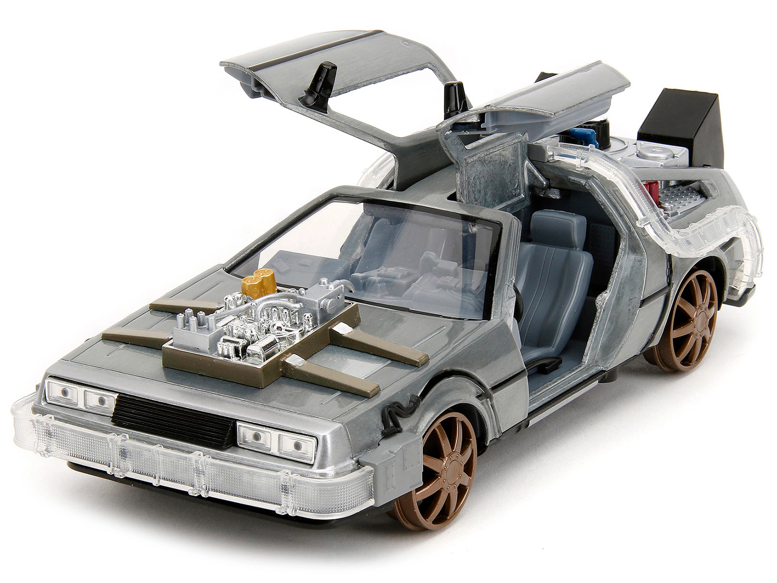 Jada Delorean Brushed Metal Time Machine (Train Wheel Version) With Lights "Back To The Future Part Iii"
