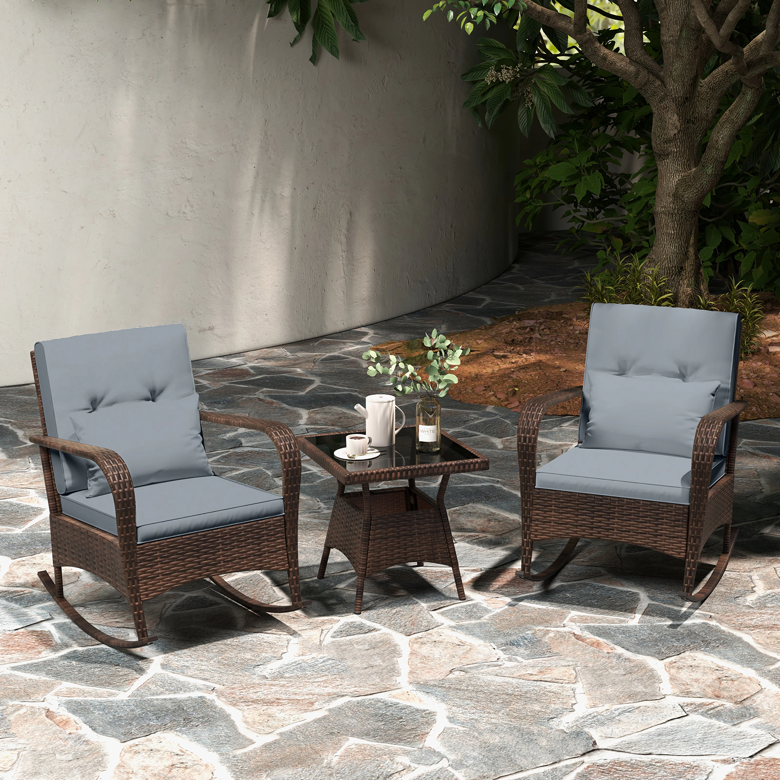 SUGIFT 3-Piece Gray Patio Furniture Set with 2 Rattan Rocking Chairs and Glass Table 400-lb Per Chair