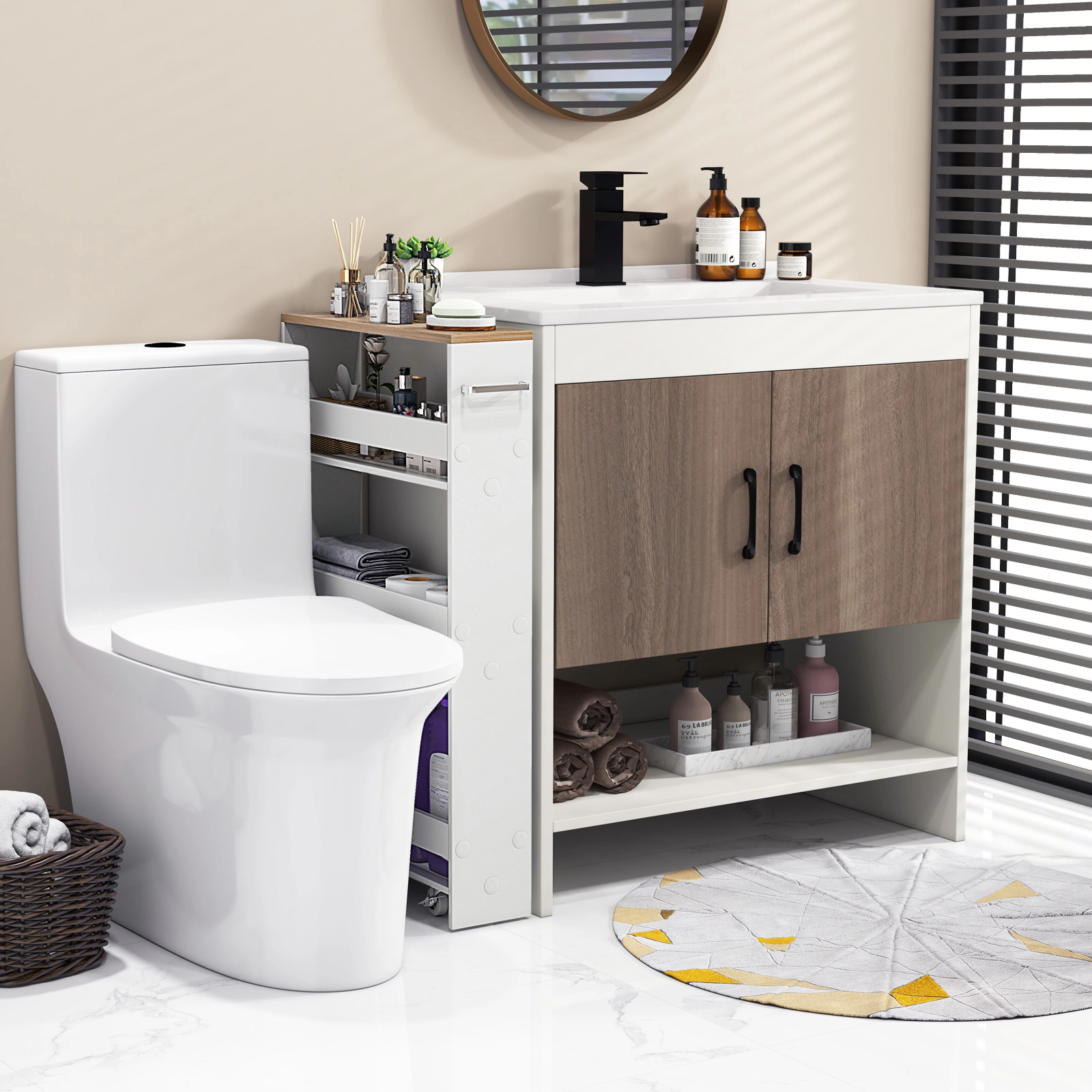 SUGIFT White 5-in Slim Narrow Rolling Bathroom Storage Cart Mobile Organizer Shelf for Laundry Kitchen