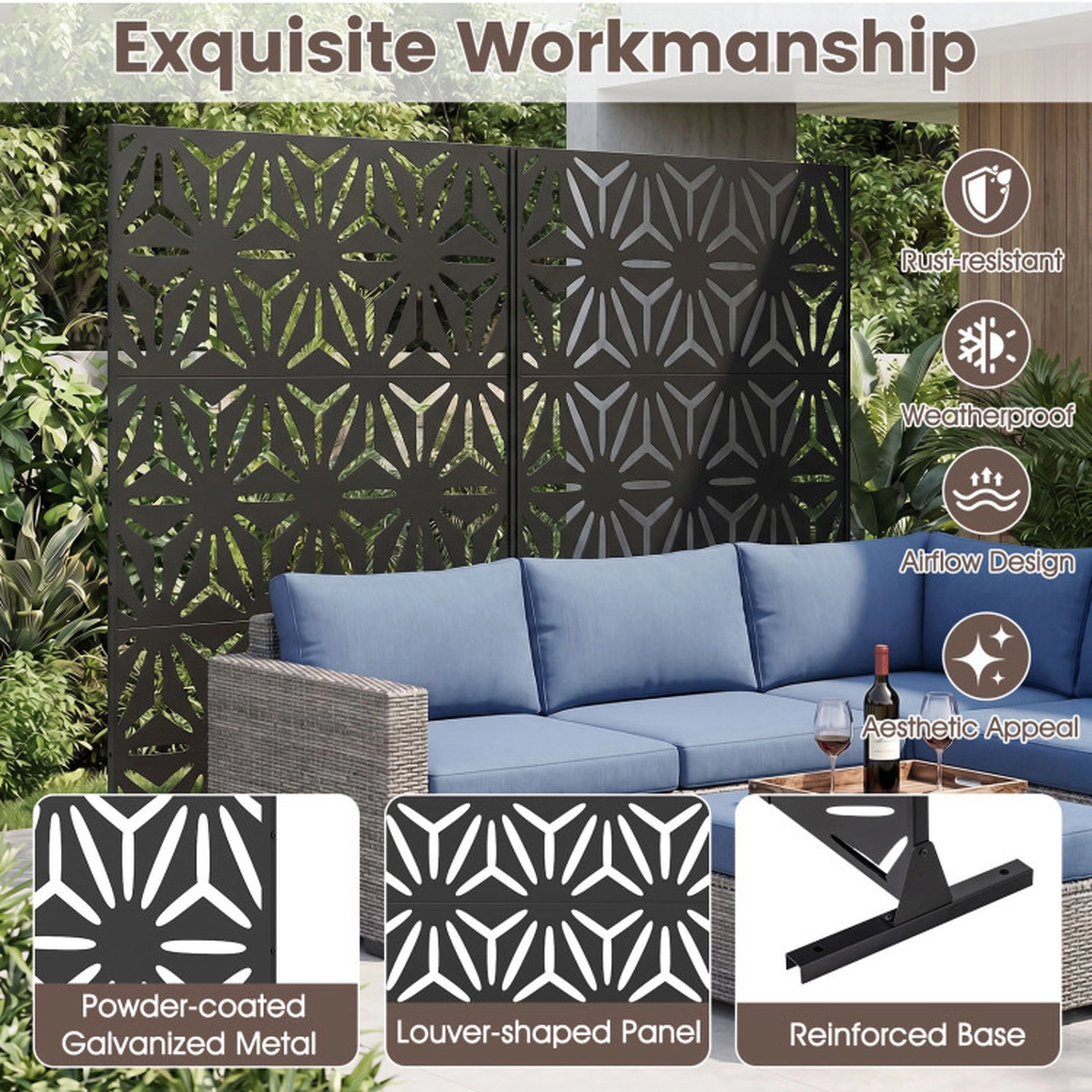 SUGIFT Black Freestanding Privacy Screen Panel with Support Legs and 4 Expansion Bolts 48-in W 16-in D 72-in H