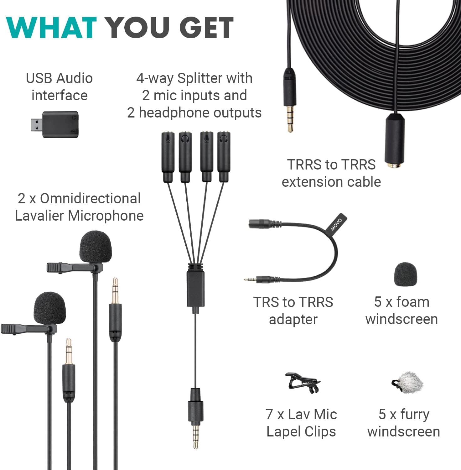 Movo VersaLav-V2 Lavalier Microphone Set for Smartphones, Computer, DSLR or Mirrorless Camera with Two Lapel