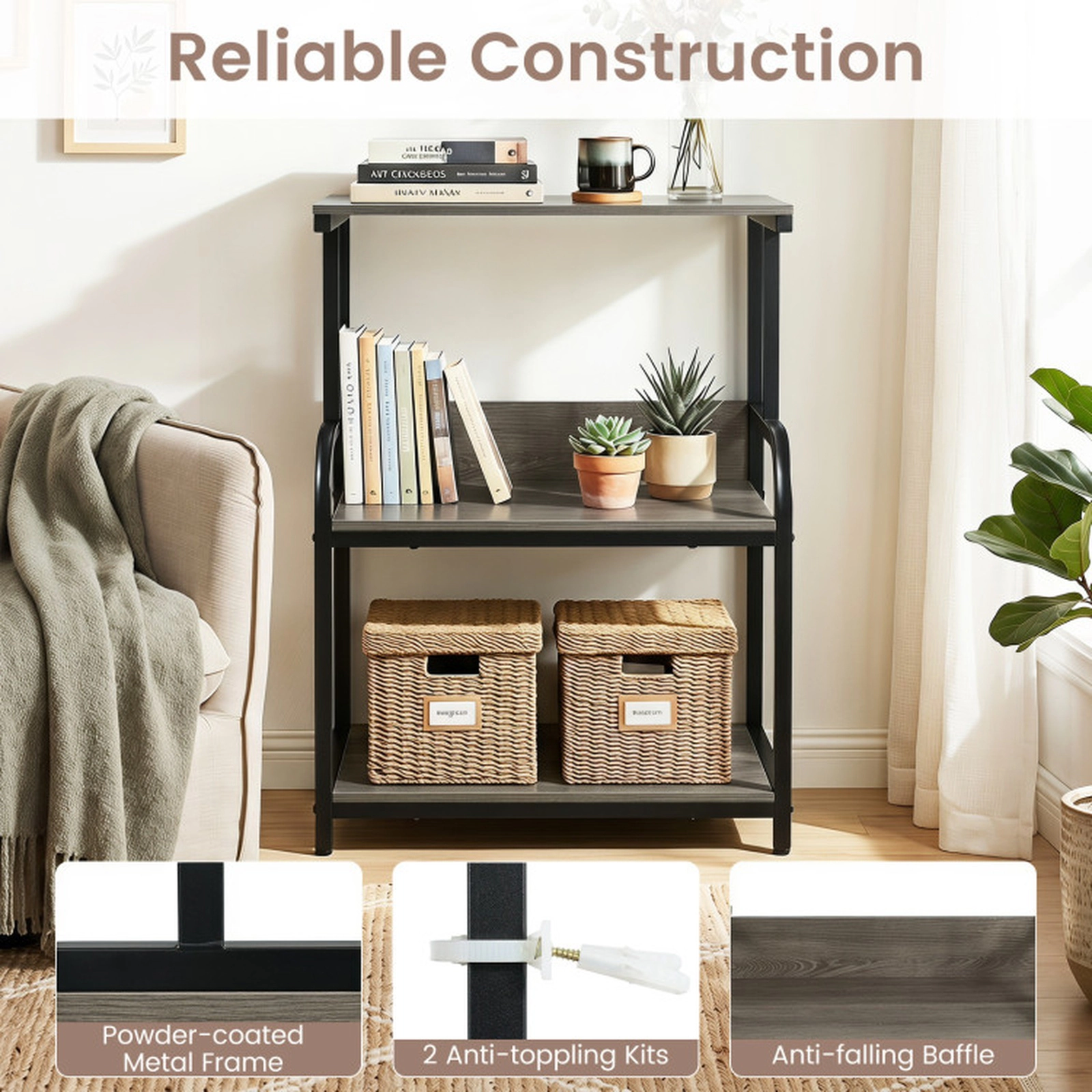 SUGIFT 3-Tier Rolling Printer Stand 5-Height Adjustable Shelf Lockable Wheels 44-lb per Tier 30.5-in Tall Oak & Black
