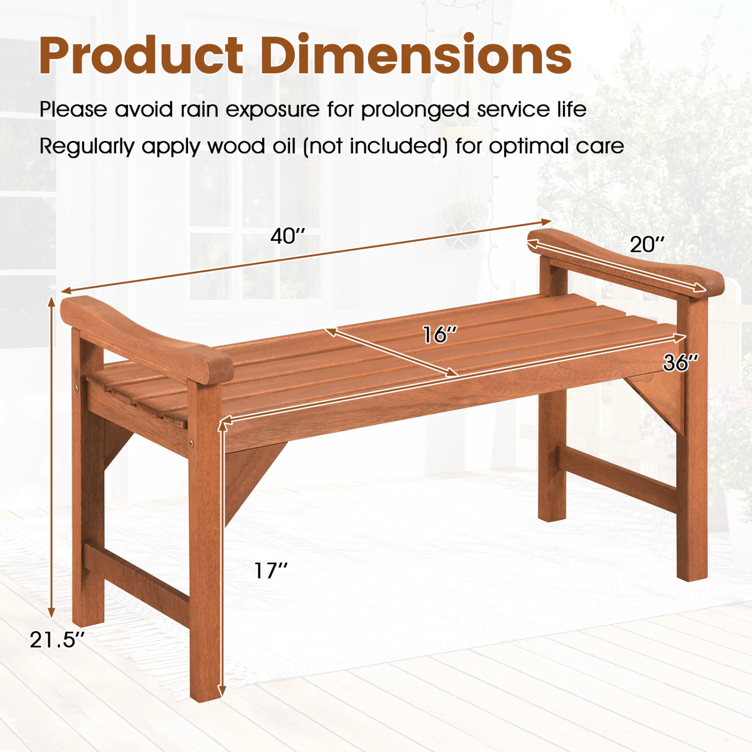 LJG Set of 2 Solid Wood Backless Garden Bench with Support Handles and Curved Slatted Seat for Deck