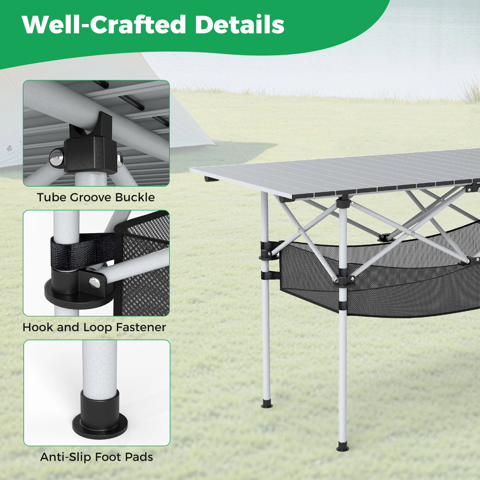 SUGIFT 47 x 22 in Folding Aluminum Camping Table with Roll-up Tabletop and Mesh Basket 220-lb Capacity Black/Silver