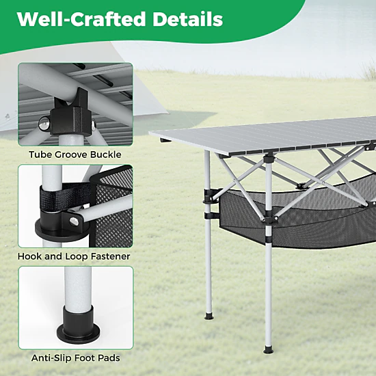 SUGIFT 47 x 22 in Folding Aluminum Camping Table with Roll-up Tabletop and Mesh Basket 220-lb Capacity Black/Silver