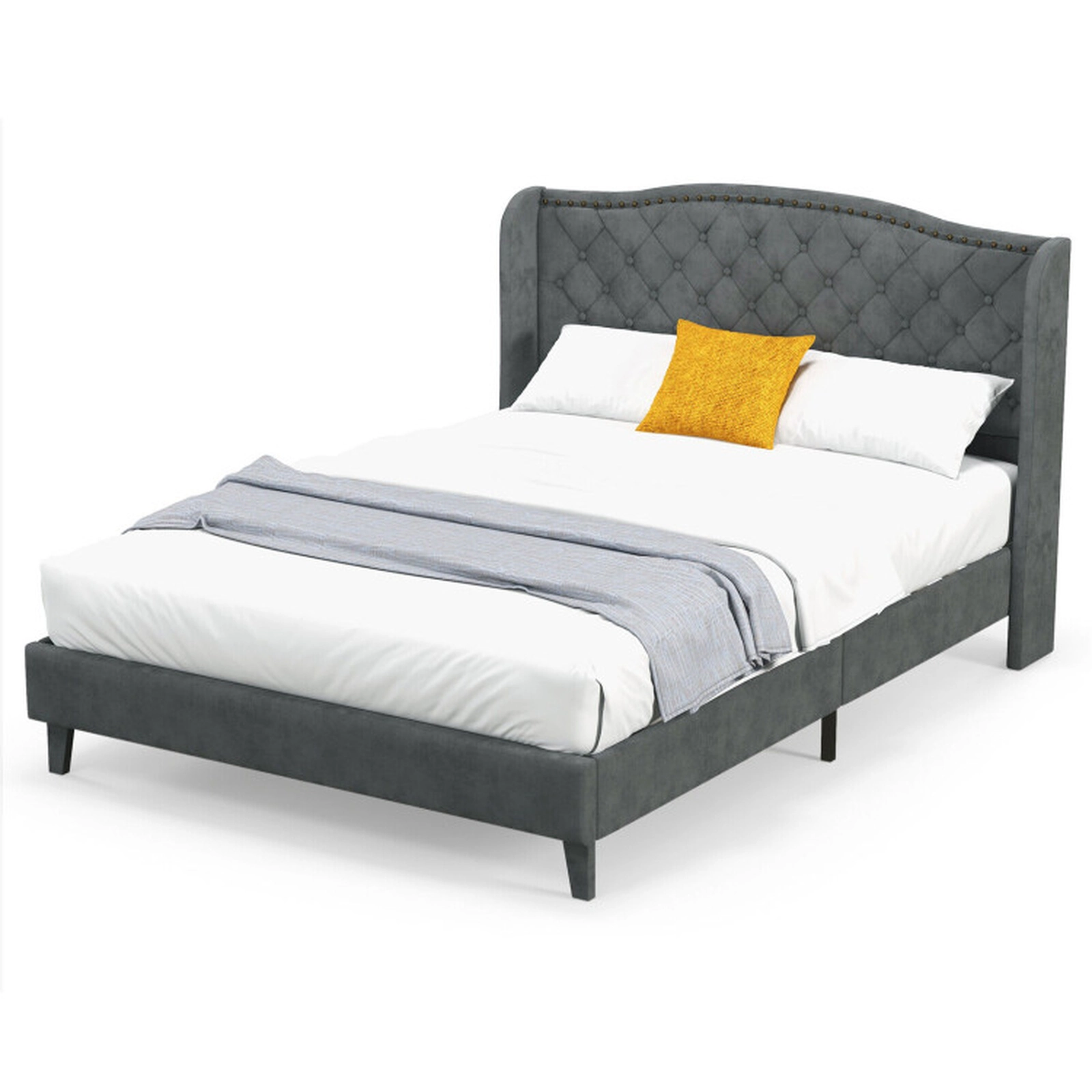SUGIFT Full/Queen Upholstered Platform Bed Frame with Button Tufted 44-in Headboard 1000-lb Capacity Gray