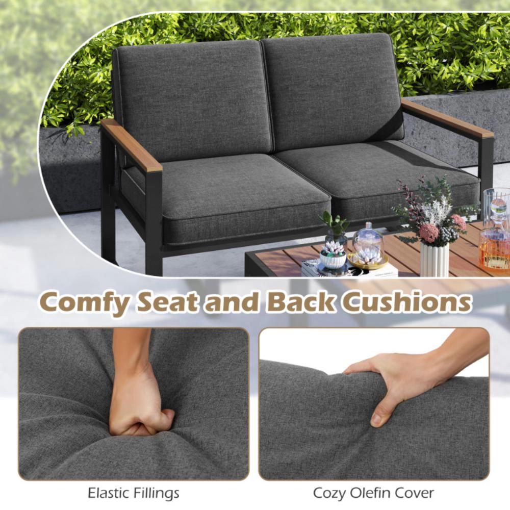 Hivvago 2 Piece Patio Aluminum Furniture Set With Wood-Plastic Armrests And Tabletop-Gray