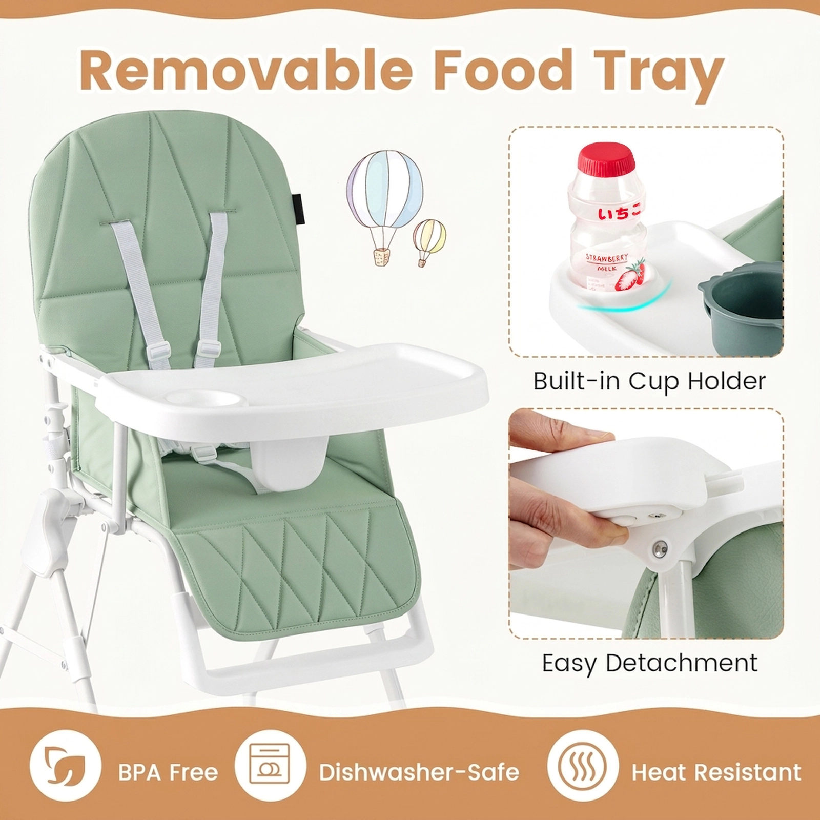 Easy-Clean Compact Folding Baby High Chair Quick-Release Tray Built-In Cup Holder 3-in Flat Fold 6 to 36 Months Green