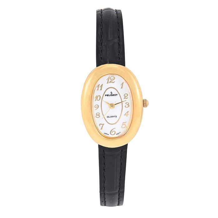 Peugeot Women's 14K Gold-Plated Petite Oval Dial with Thin Glossy Black Leather Strap