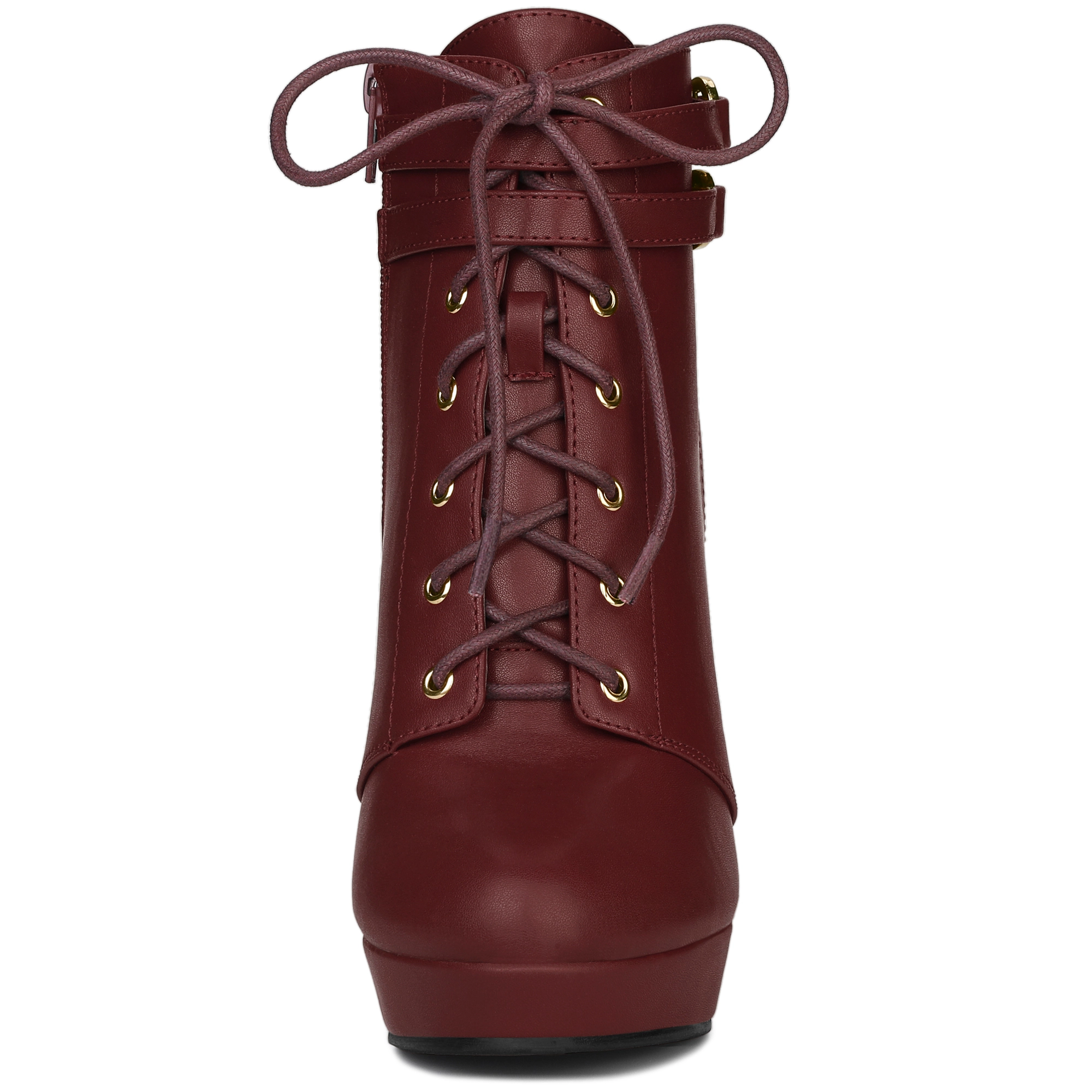 BLISSFUL STEP Women Chunky Heel Platform Round Toe Lace Up Side Zip Ankle Boots