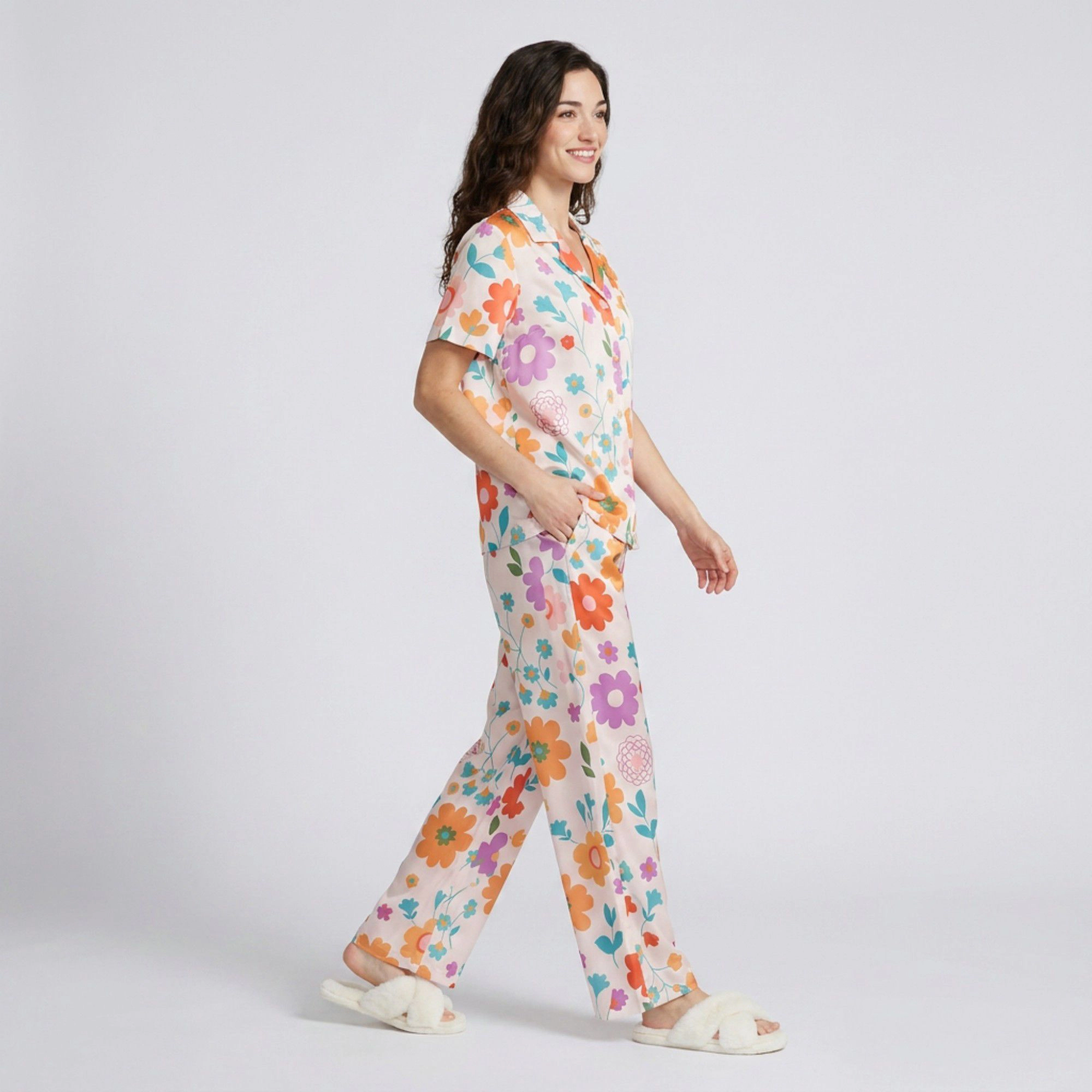 Anna-Kaci Women's 2-Piece Floral Pajama Set with Short Sleeve Button Top and Wide Leg Pants