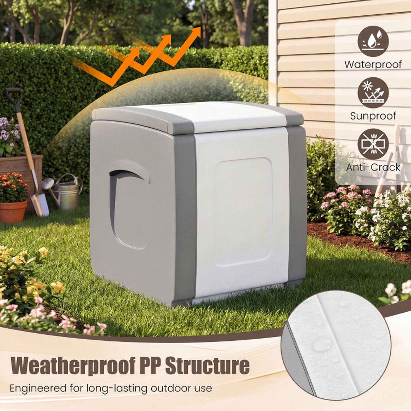 SUGIFT 27-Gallon Outdoor Deck Box with Lid 180-lb Capacity PP Storage Box Beige + White Gray + White