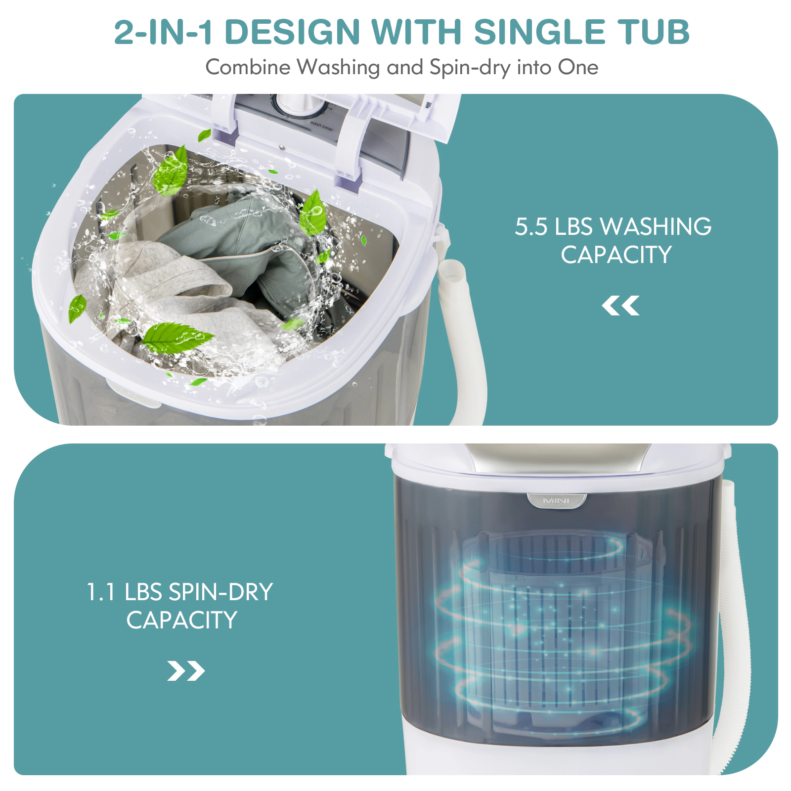 SUGIFT 5.5-lb Single Tub Portable Mini Washing Machine with 1.1-lb Spin Basket and 14-in Drain Hose