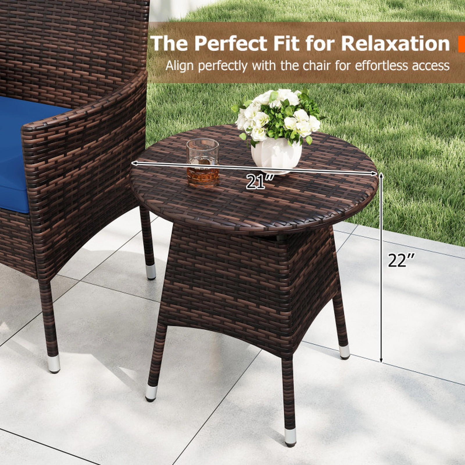 SUGIFT Navy 2 Cushioned Chairs and Side Table 3-Piece Patio Rattan Bistro Set