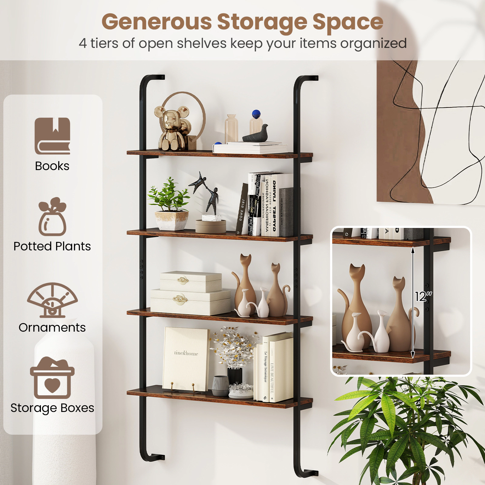 LJG 4-Tier Industrial Pipe Shelving with Metal Frame for Living Room Kitchen