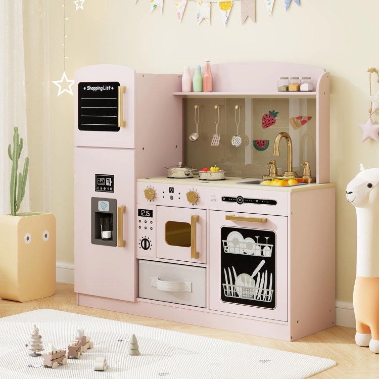 SUGIFT Pink Chalkboard Ice Maker and Lighted Microwave Wooden Kids Kitchen Playset