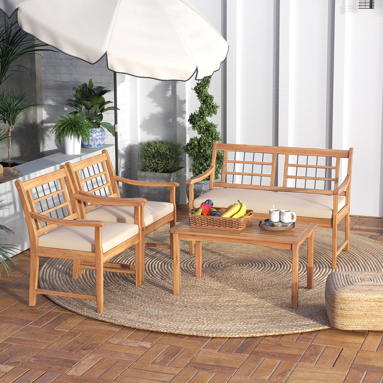 SUGIFT 4-Piece Acacia Wood Patio Furniture Set with Loveseat, 2 Armchairs, Coffee Table and Off-White Cushions