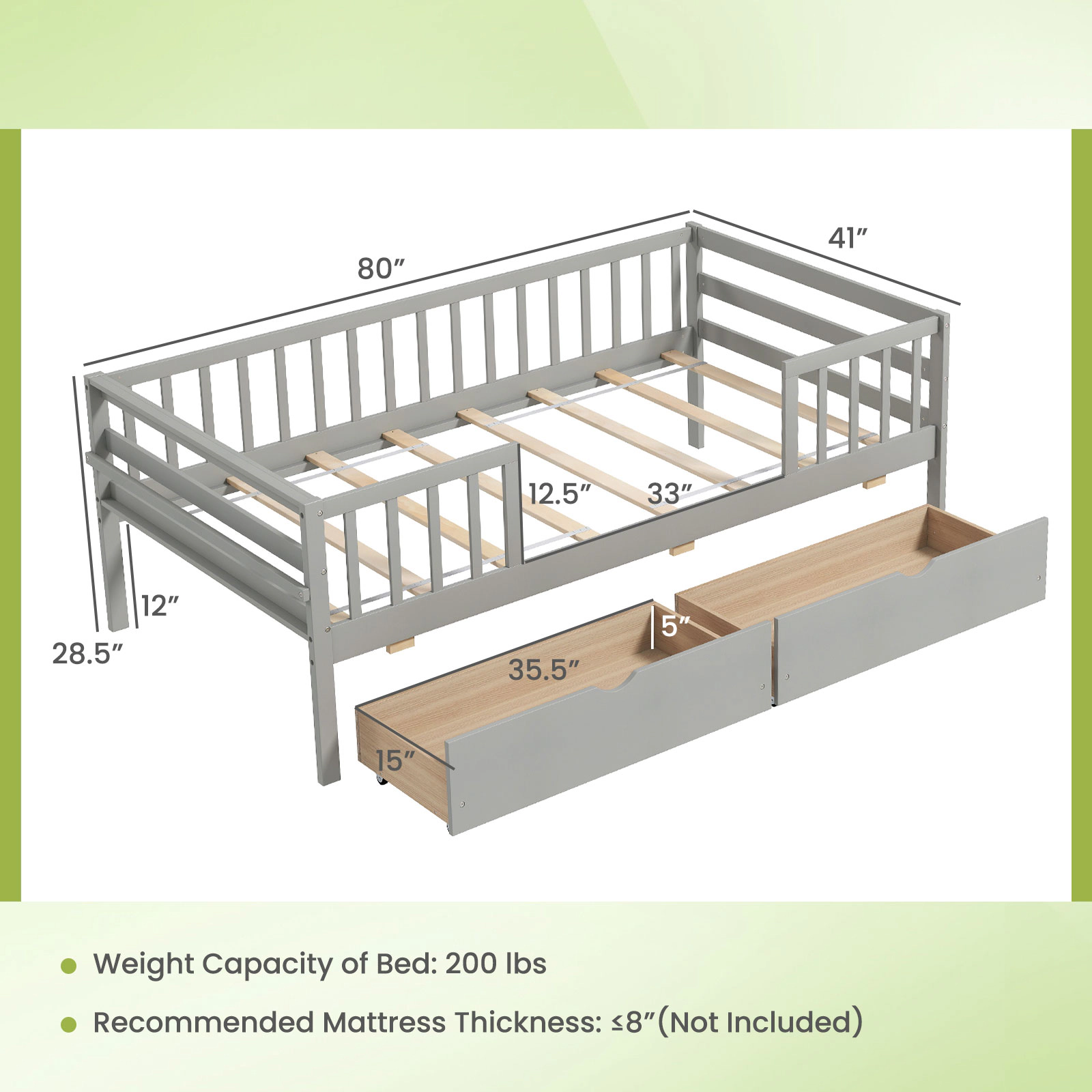 SUGIFT Gray Fence and 2 Storage Drawers for Boys and Girls Twin Kids Daybed