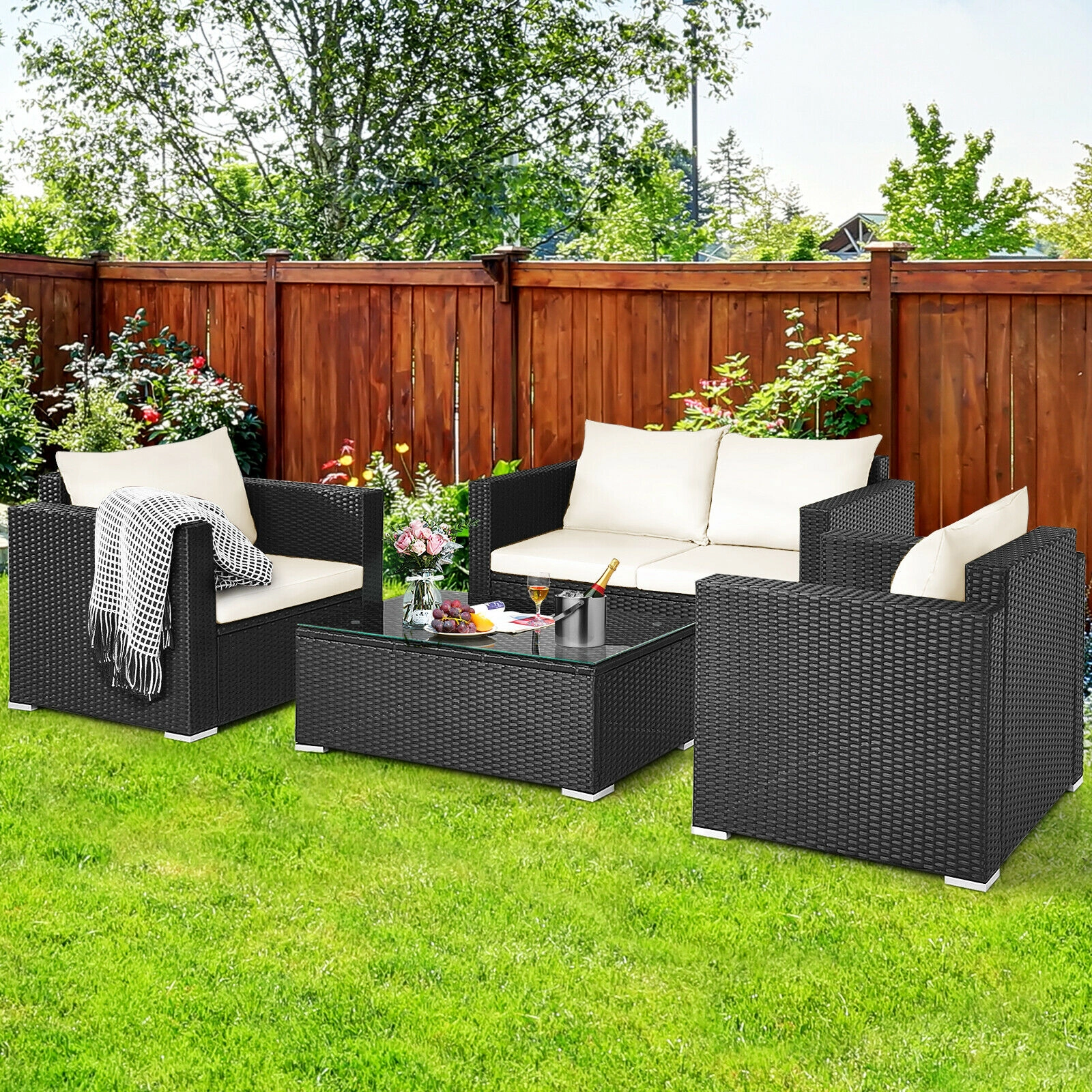 SUGIFT 4-Piece White Rattan Patio Conversation Set with Loveseat, 2 Sofas and Glass Table