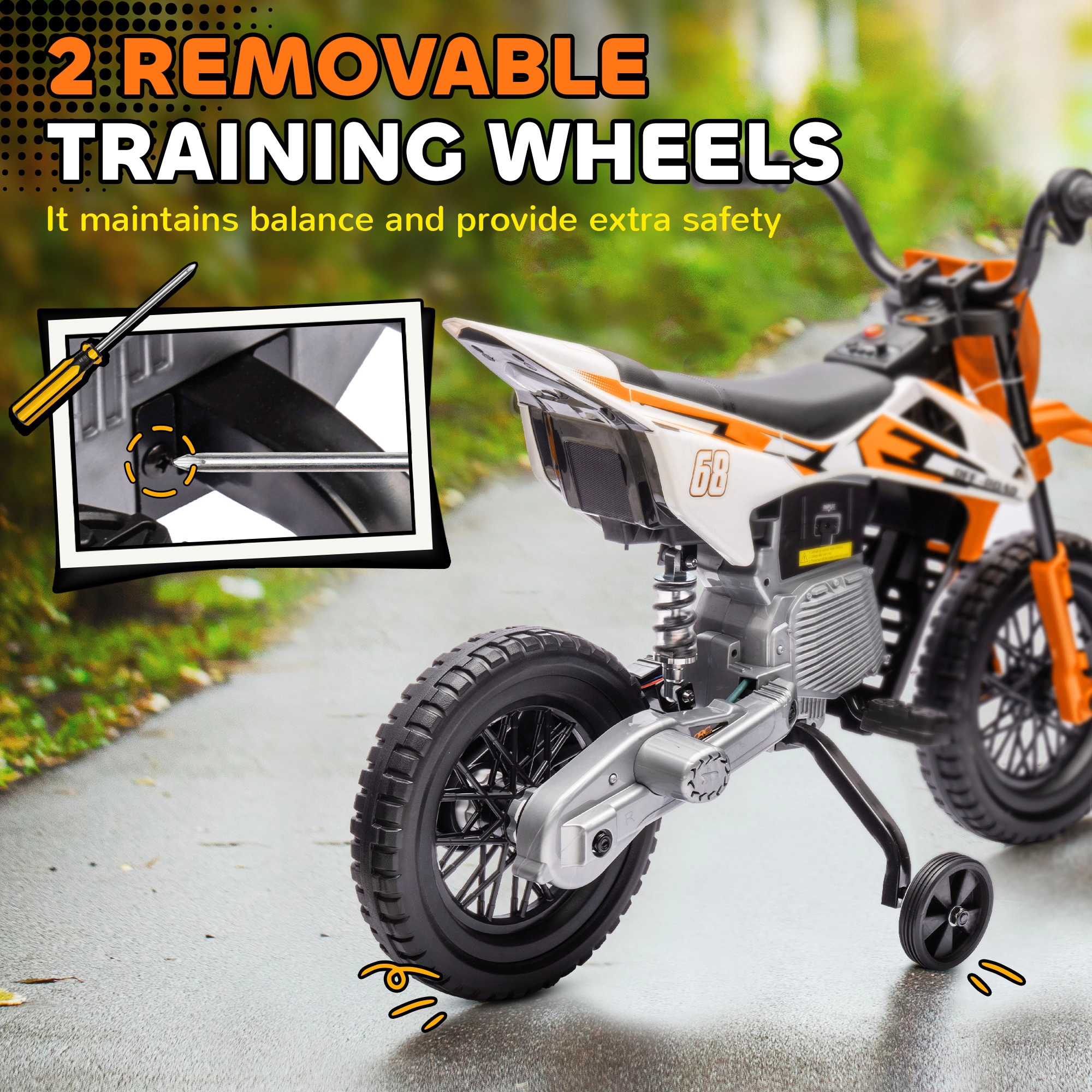 HONGGE Qaba 12V Kids Electric Motorcycle w/ Twist Grip Throttle, Training Wheels, Rear Suspension & Music