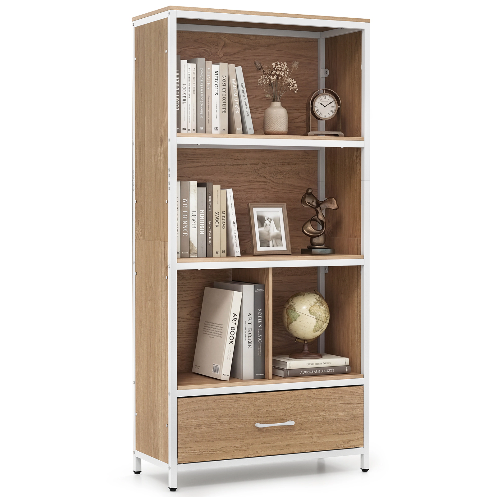 Costway 5-Tier Industrial Freestanding Bookcase with 4 Storage Compartments & Fabric Drawer Rustic Brown + Black