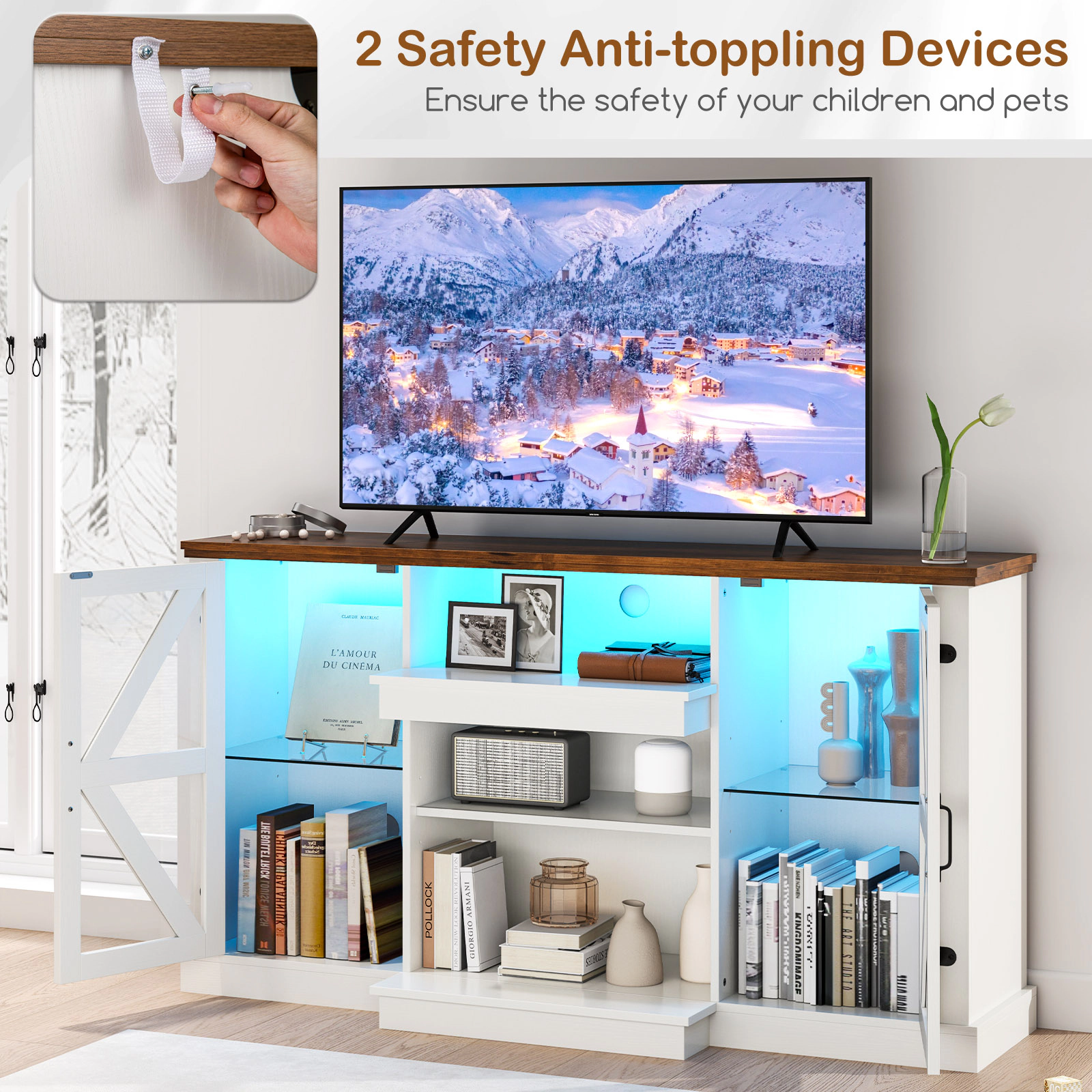 SUGIFT 59-in White TV Stand for TVs up to 68-in, LED Lighting and Glass Cabinets