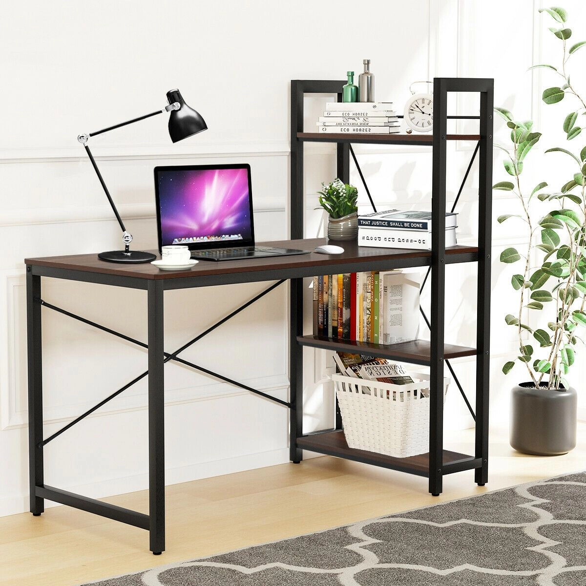 SlickBlue Computer Desk with 4-Tier Shelf and X-Frame