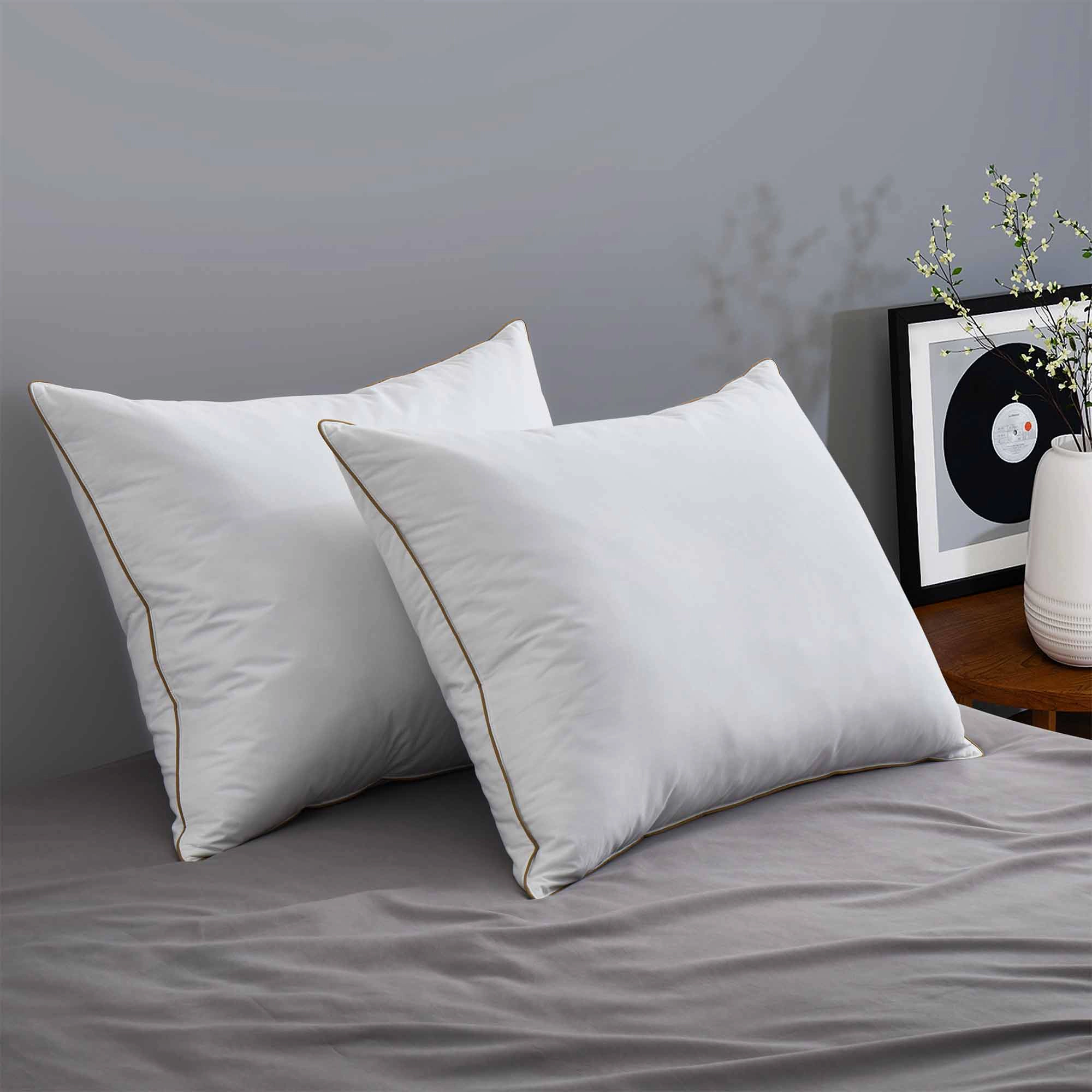 PeaceNest Cotton Shell Goose Feather Sleeping Pillows with Medium Support and Brown Piping,2-Pack
