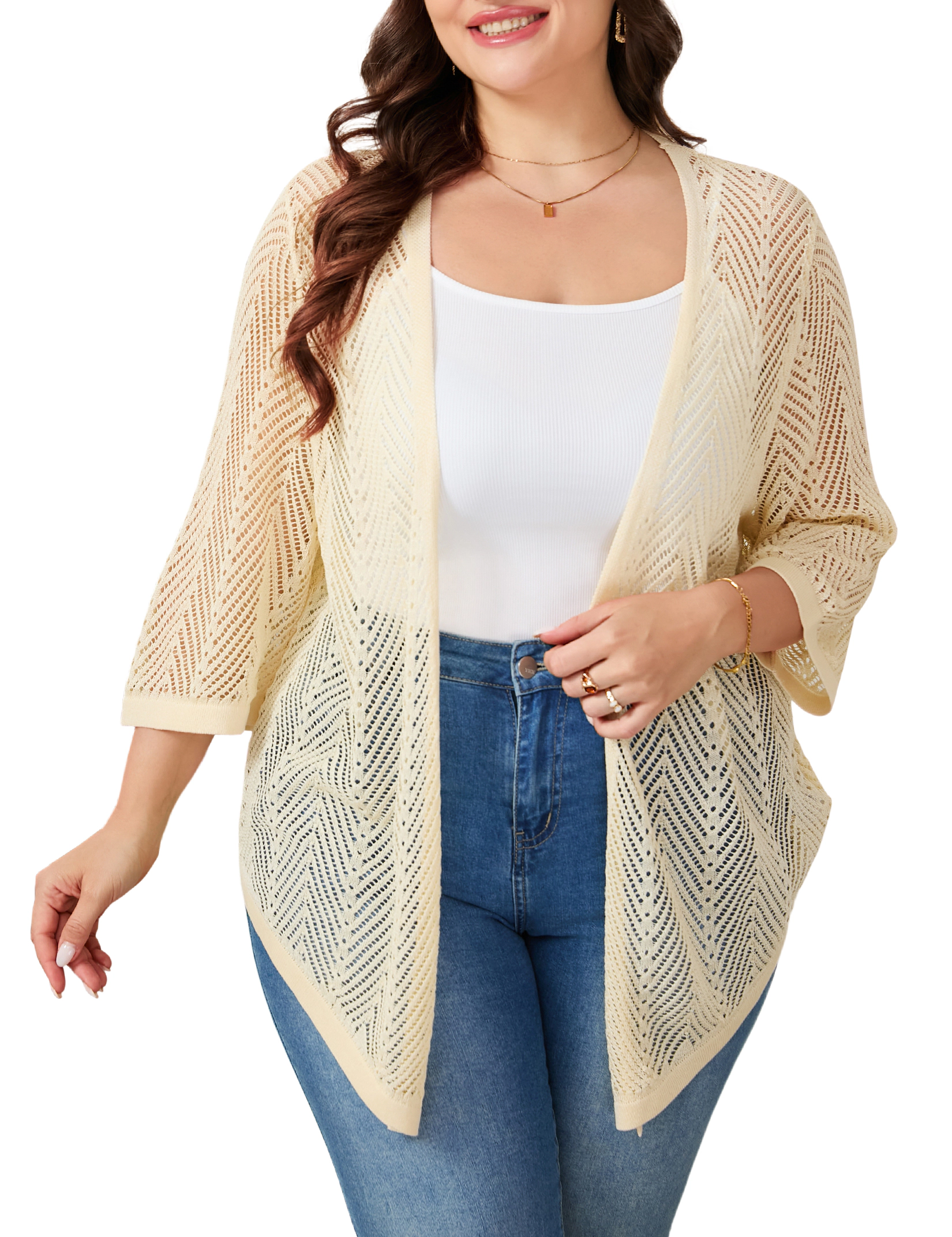 KOJOOIN Women's Plus 3/4 Sleeve Cardigan Open Front Hollow Out Sweater Lightweight Shrug